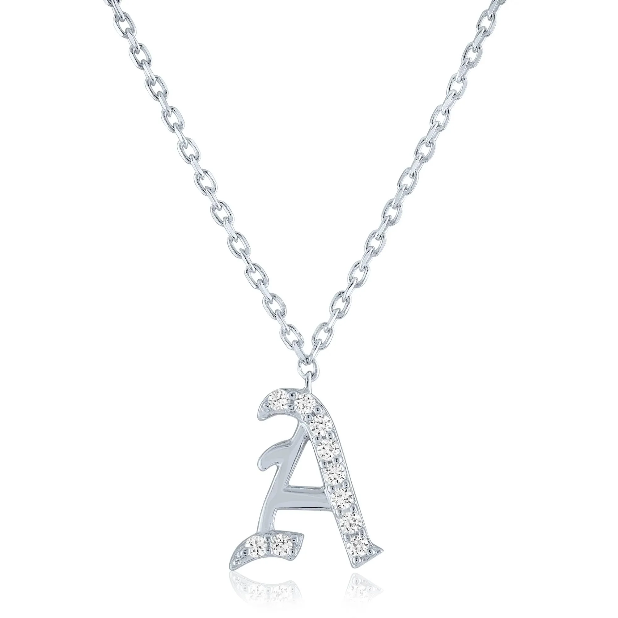 Diamond Accent Gothic Script a Initial Pendant Necklace .925 Sterling Silver White Size 18"