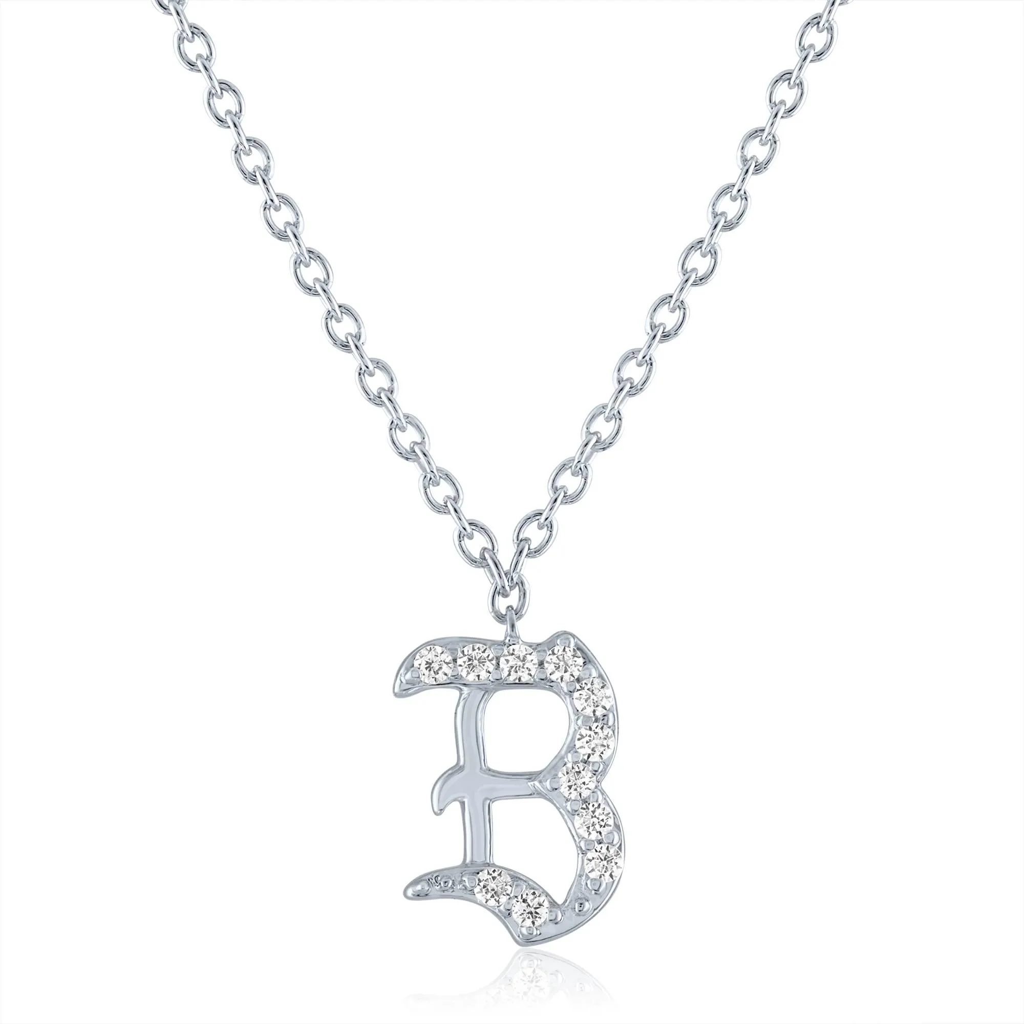 Diamond Accent Gothic Script B Initial Pendant Necklace .925 Sterling Silver White Size 18"