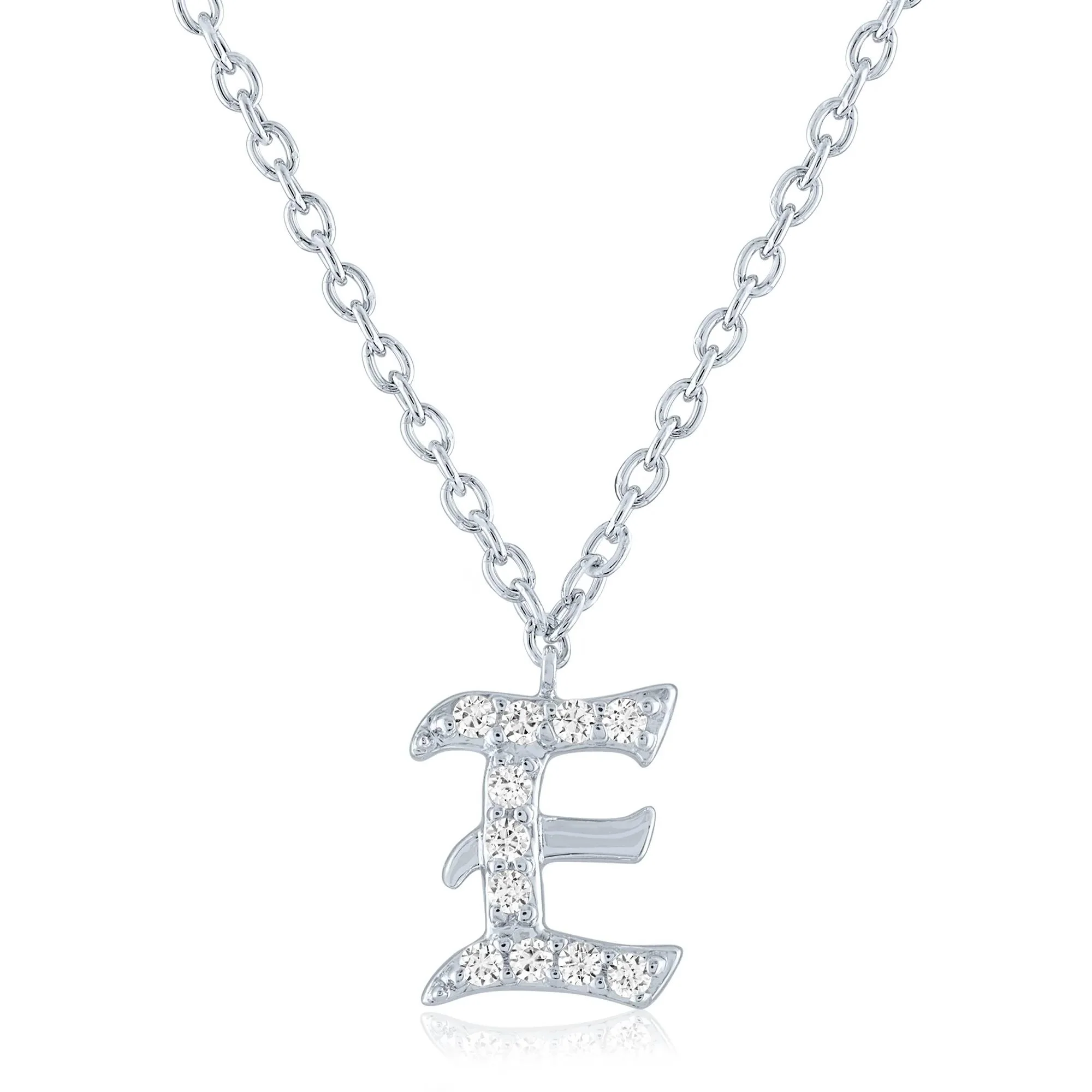 Diamond Accent Gothic Script E Initial Pendant Necklace .925 Sterling Silver White Size 18"