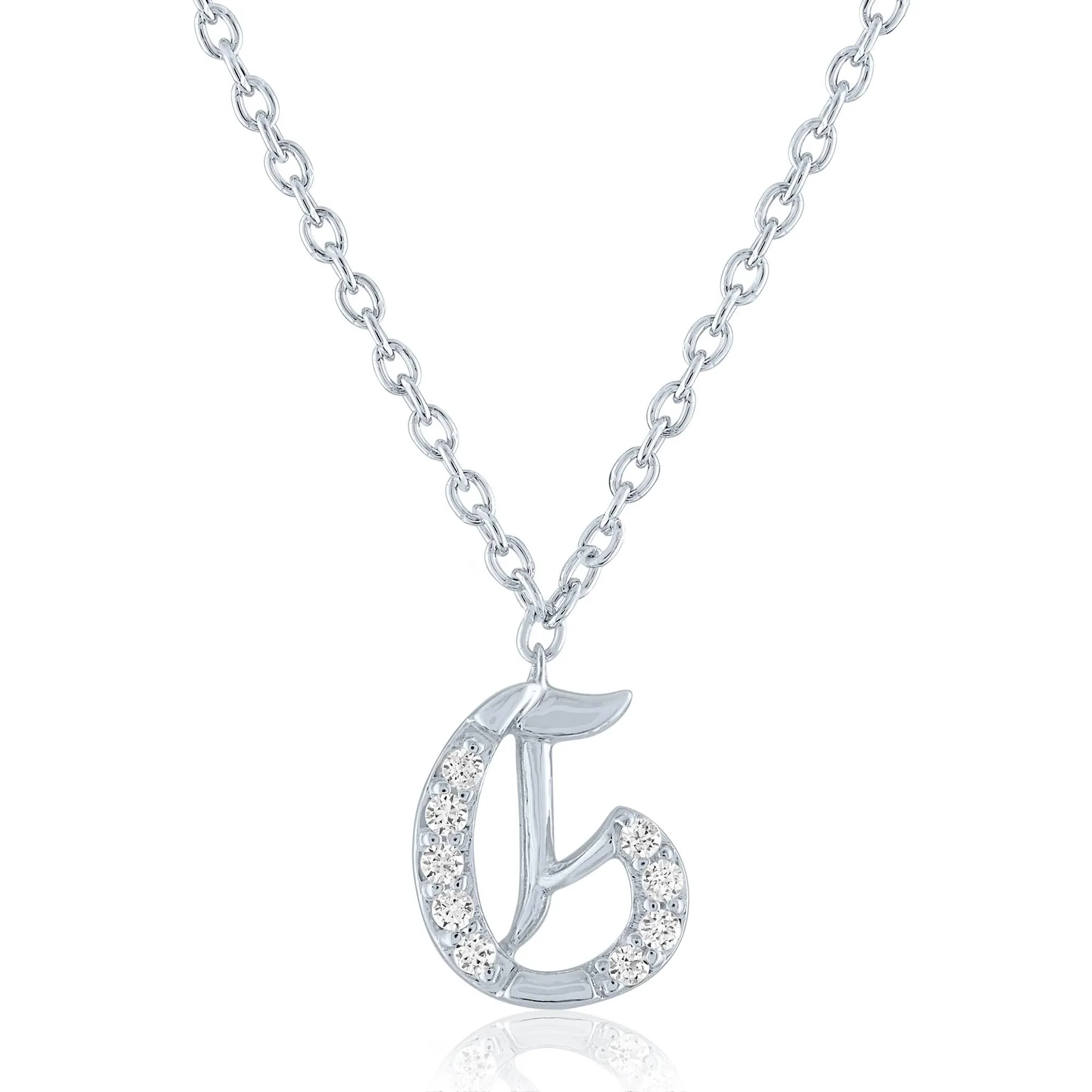 Diamond Accent Gothic Script G Initial Pendant Necklace .925 Sterling Silver White Size 18"
