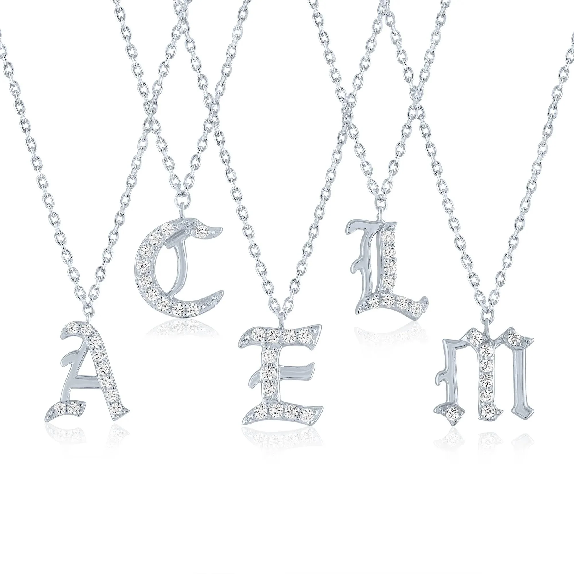 Diamond Accent Gothic Script I Initial Pendant Necklace .925 Sterling Silver White Size 18" - Image 2
