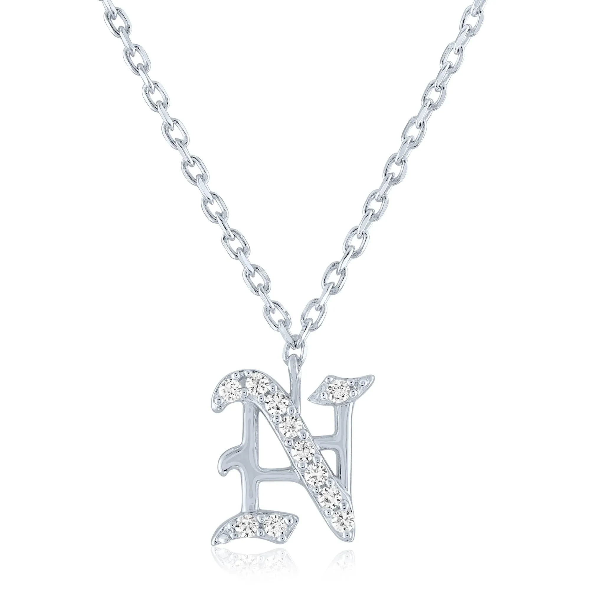 Diamond Accent Gothic Script N Initial Pendant Necklace .925 Sterling Silver White Size 18"