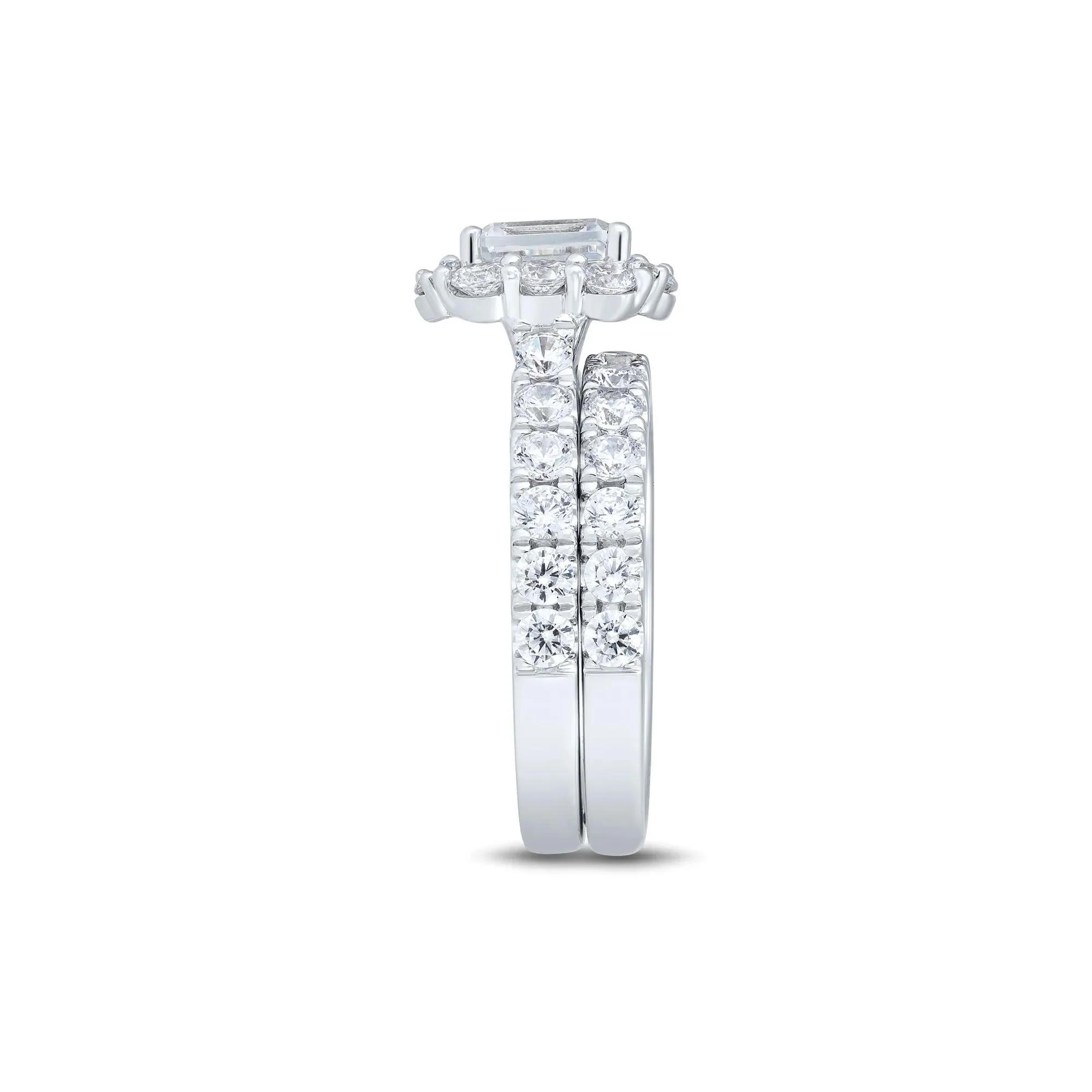 3 CT. Tw. Lab Grown Diamond Emerald-Cut Bridal Set 14K White Gold Ring Round Brilliant Cut Size 6.5 1mm - Image 4