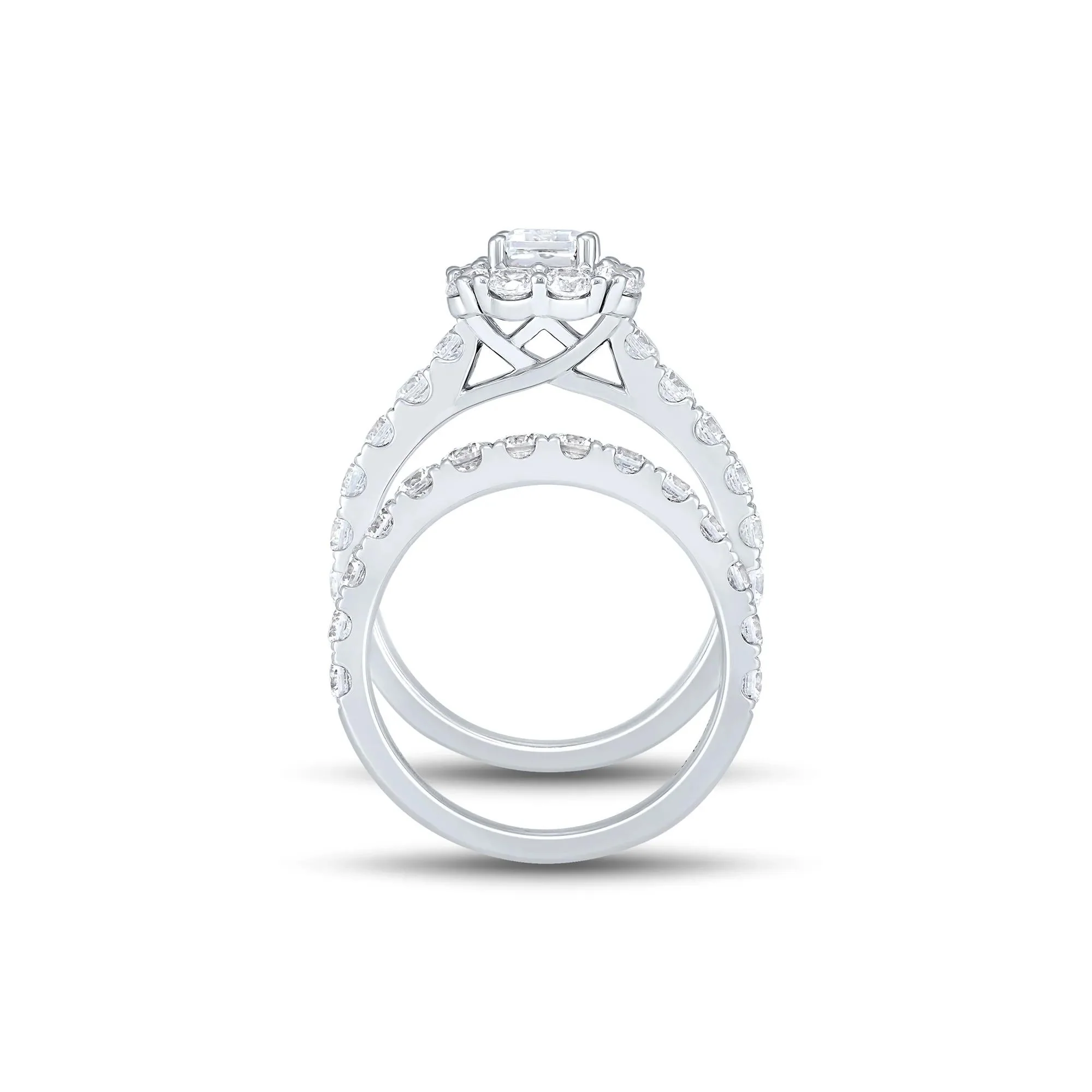 3 CT. Tw. Lab Grown Diamond Emerald-Cut Bridal Set 14K White Gold Ring Round Brilliant Cut Size 7 1mm - Image 3