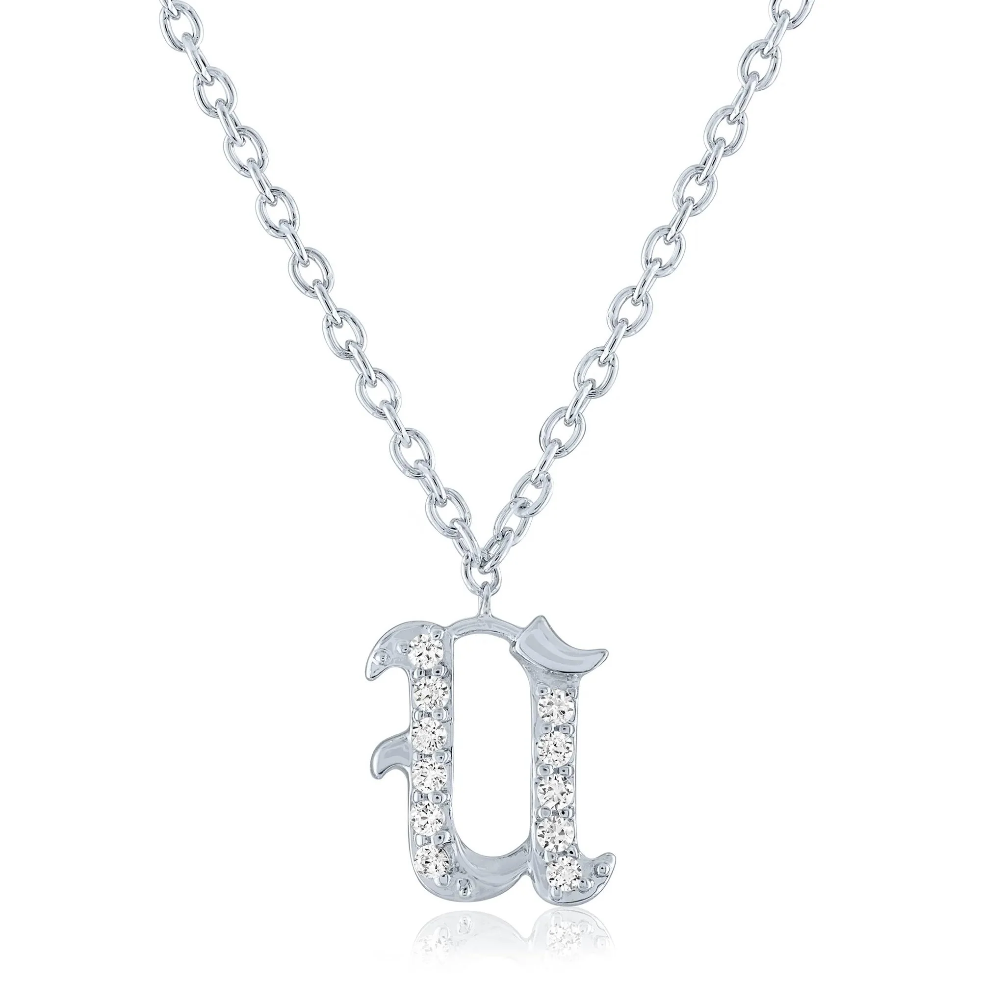 Diamond Accent Gothic Script U Initial Pendant Necklace .925 Sterling Silver White Size 18"