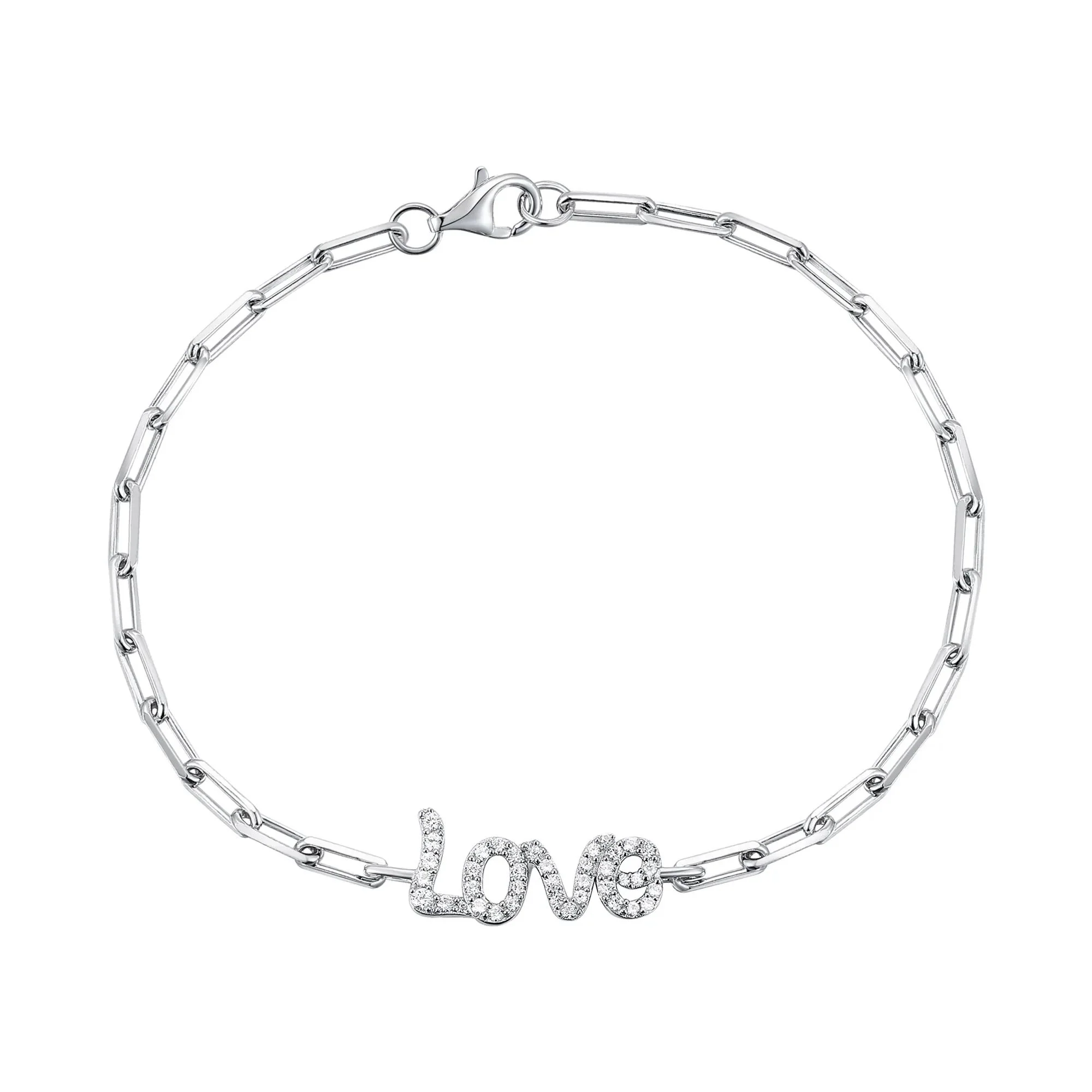 1/4 CT. Tw. Diamond Love Paperclip Chain Bracelet .925 Sterling Silver White Size 2.30mm