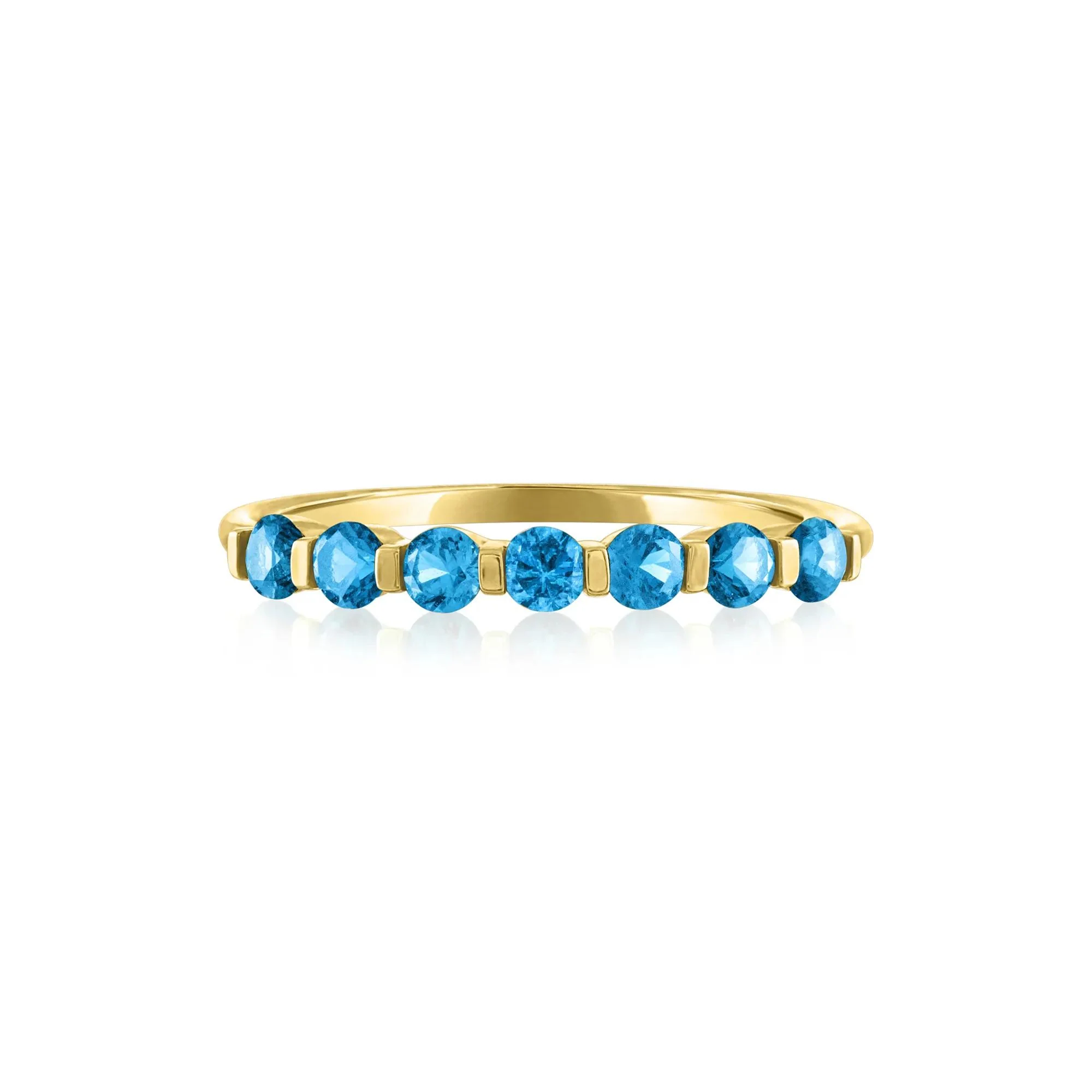 Blue Topaz Shared-Prong Band Ring 10K Yellow Gold Round Brilliant Cut Size 7 1mm