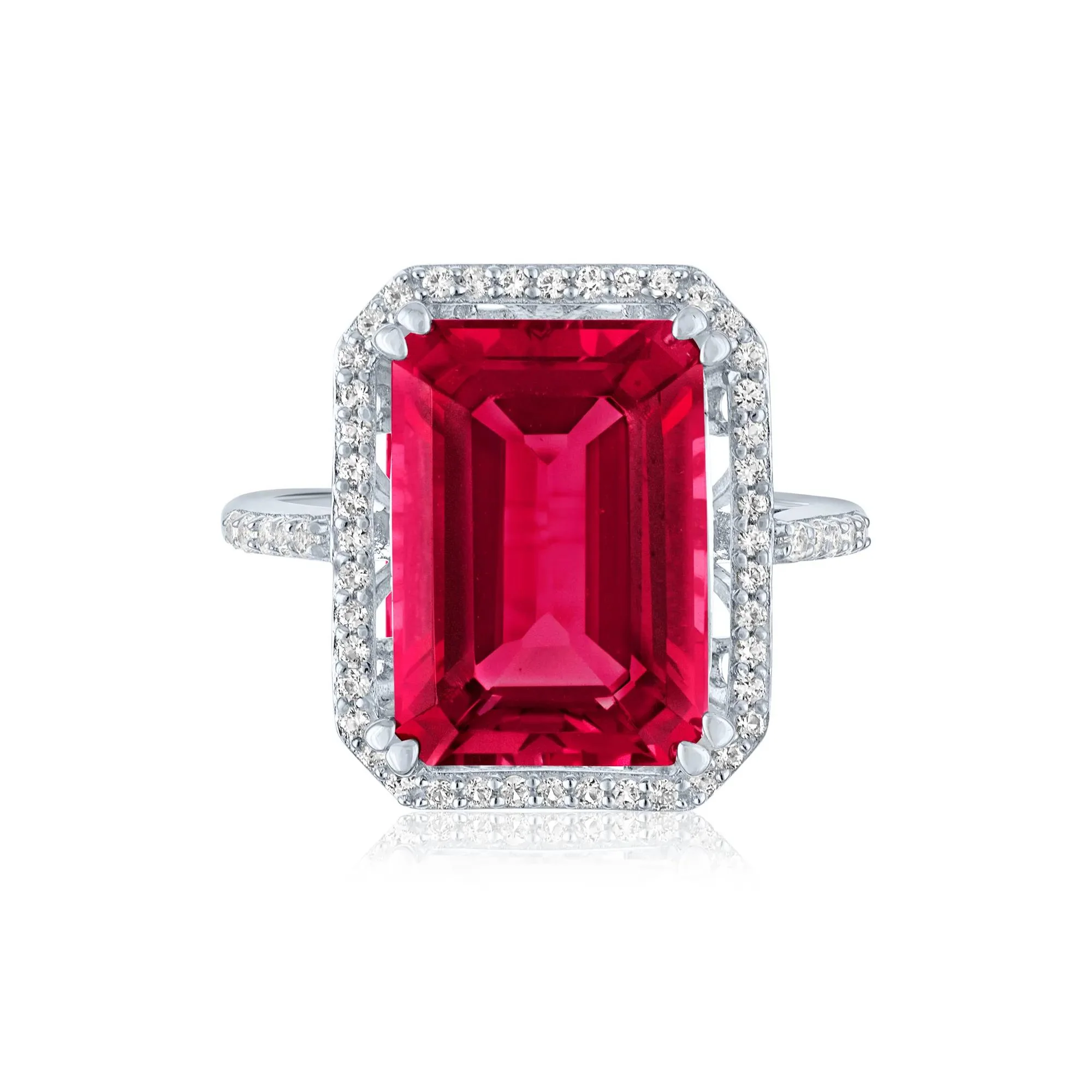Lab-Created Ruby and Lab-Created White Sapphire Halo Cocktail Ring .925 Sterling Silver Size 7 1mm
