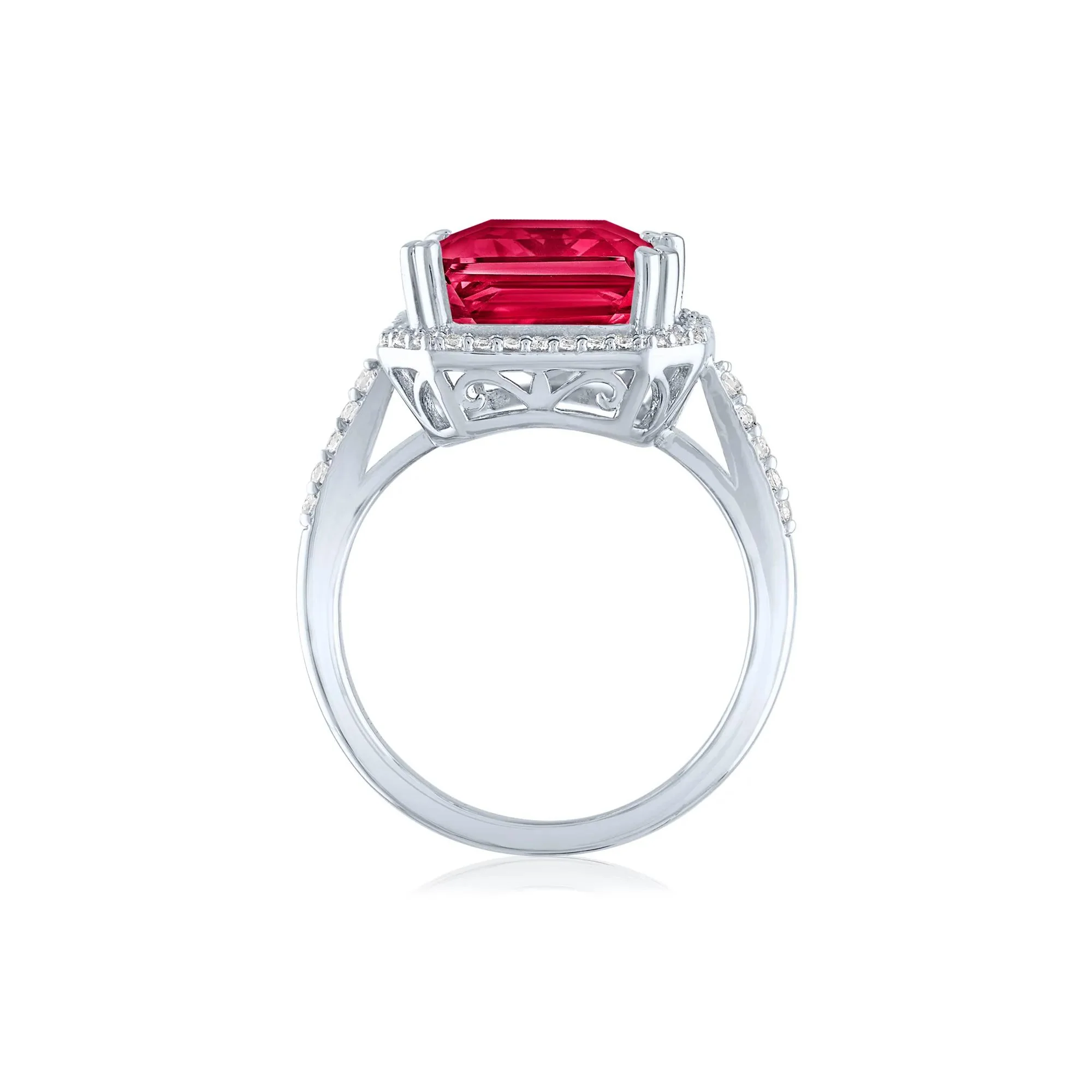 Lab-Created Ruby and Lab-Created White Sapphire Halo Cocktail Ring .925 Sterling Silver Size 7 1mm - Image 2