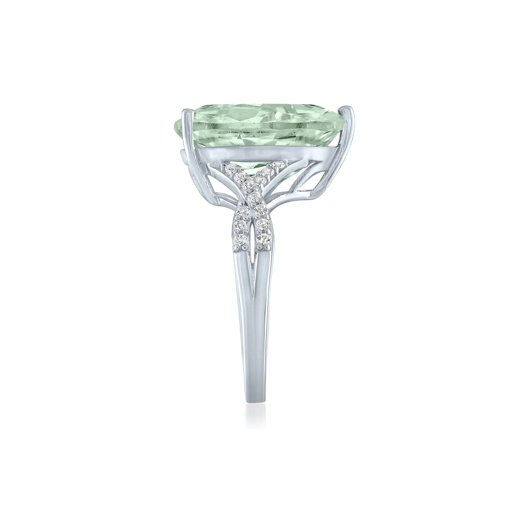 Green Amethyst and Lab-Created White Sapphire Cocktail Ring .925 Sterling Silver Round Brilliant Cut Size 7 1mm - Image 3