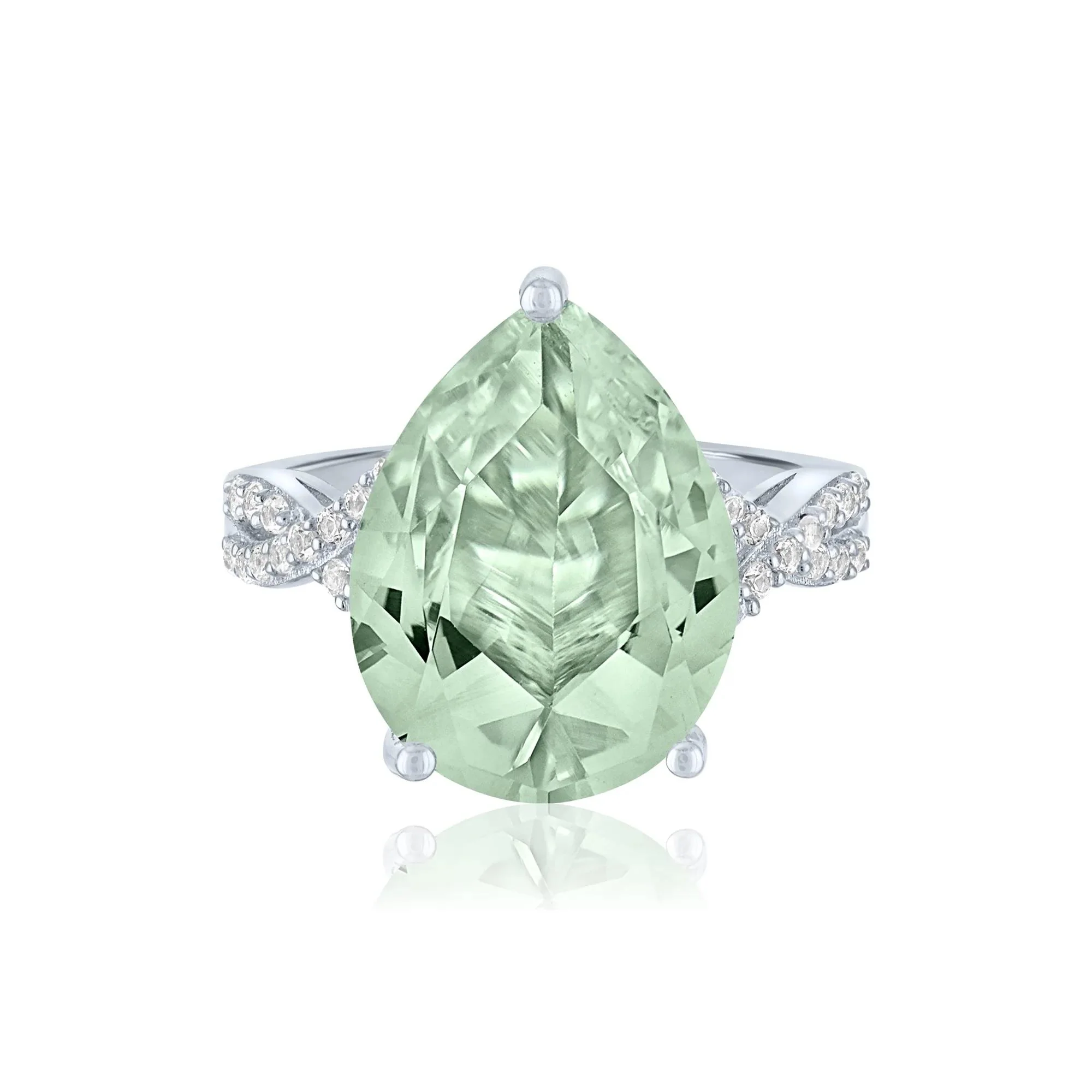 Green Amethyst and Lab-Created White Sapphire Cocktail Ring .925 Sterling Silver Round Brilliant Cut Size 9 1mm