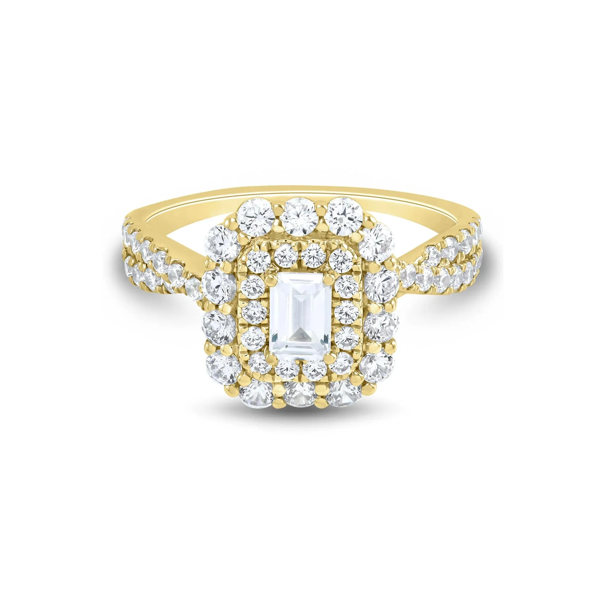 1/2 CT. Tw. Emerald-Cut Diamond Halo Engagement Ring 14K Yellow Gold Round Brilliant Cut Size 8.5 1mm