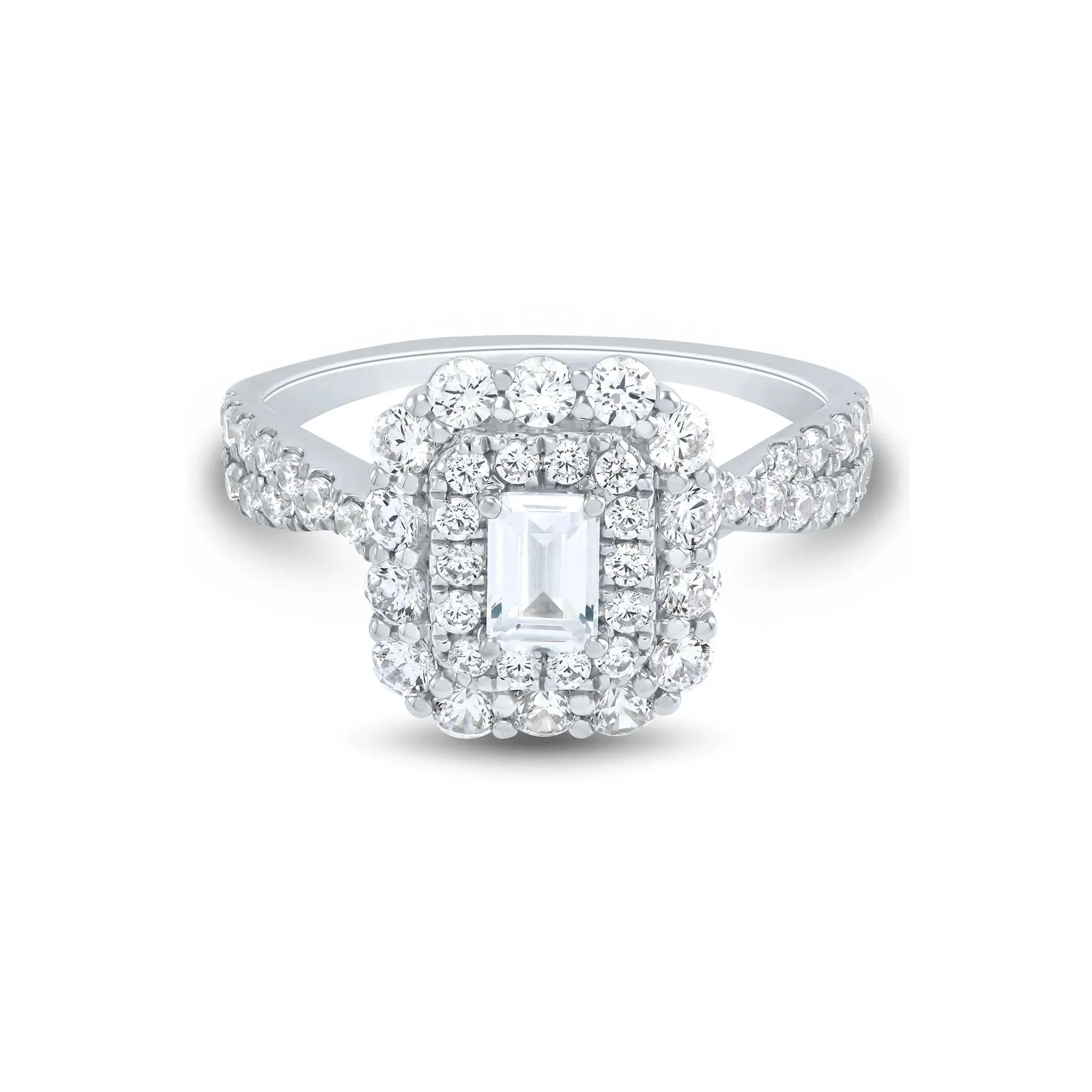 1/2 CT. Tw. Emerald-Cut Diamond Halo Engagement Ring 14K White Gold Round Brilliant Cut Size 7.5 1mm