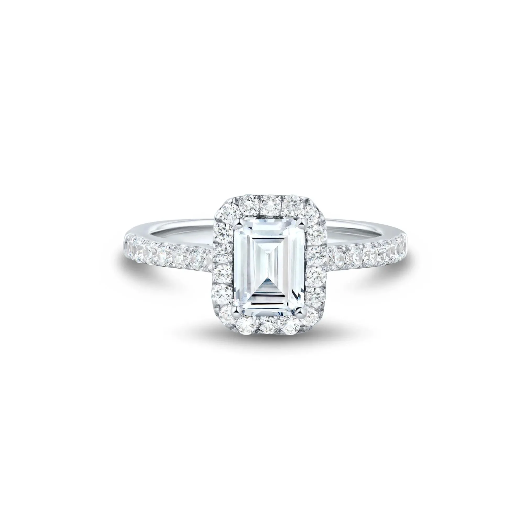 1/2 CT. Tw. Lab Grown Diamond Emerald-Cut Halo Engagement Ring 14K White Gold Round Brilliant Cut Size 5.5 1mm