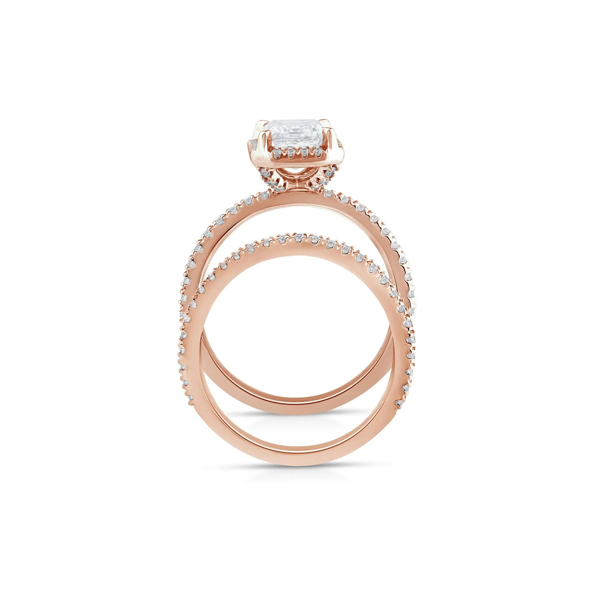 2 3/4 CT. Tw. Lab Grown Diamond Emerald-Cut Halo Bridal Set 14K Rose Gold Ring Round Brilliant Cut Size 8 1mm - Image 2