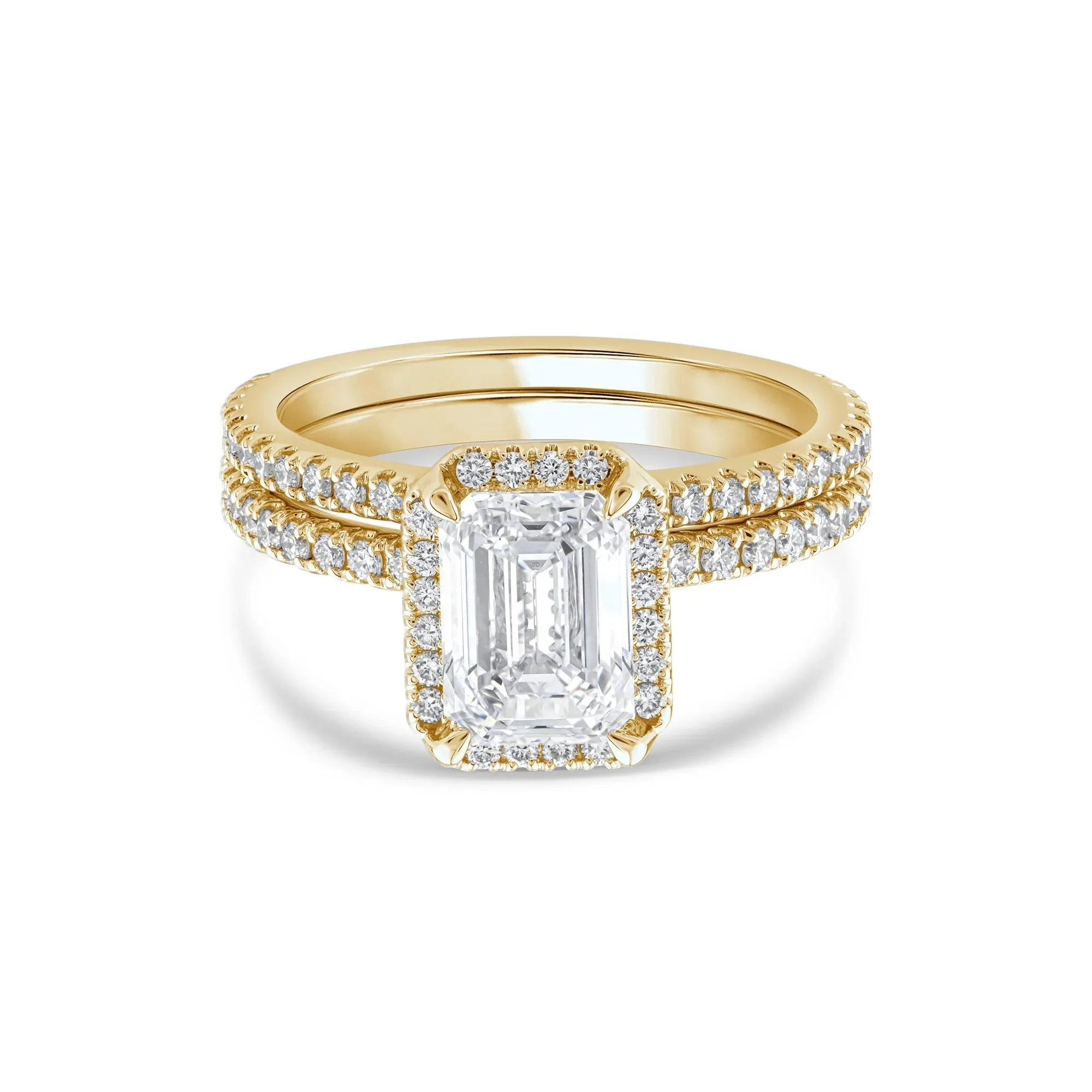 2 3/4 CT. Tw. Lab Grown Diamond Emerald-Cut Halo Bridal Set 14K Yellow Gold Ring Round Brilliant Cut Size 5 1mm