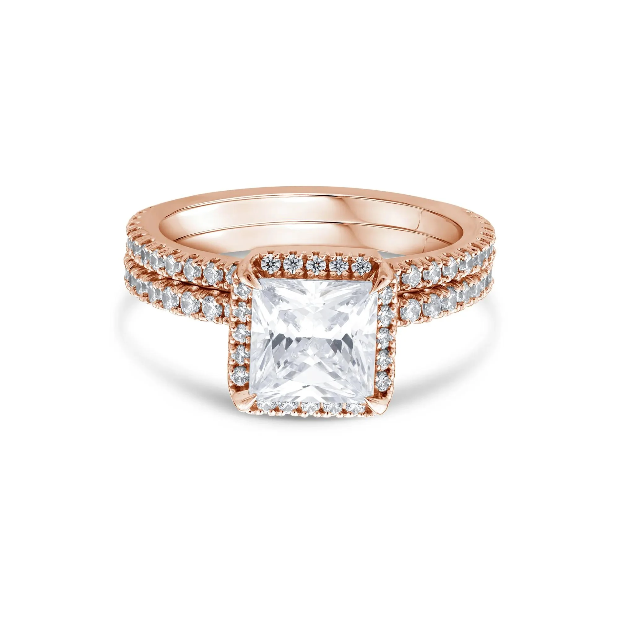 2 3/4 CT. Tw. Lab Grown Diamond Princess-Cut Halo Bridal Set 14K Rose Gold Ring Round Brilliant Cut Size 5 1mm