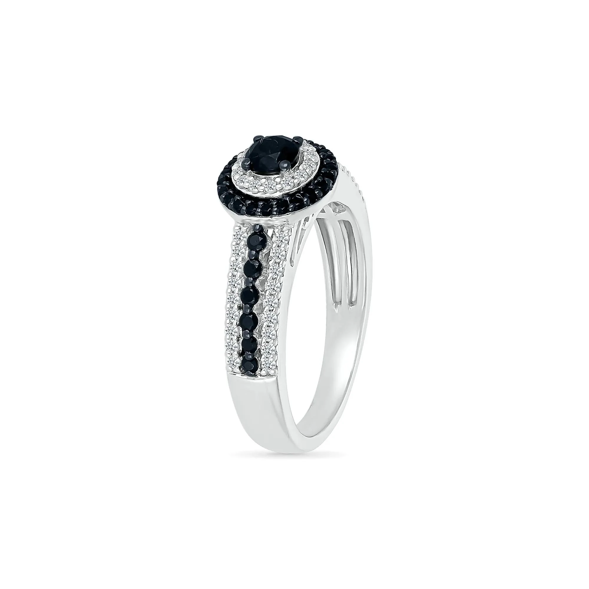 3/4 CT. Tw. Black and White Diamond Double Halo Ring 10K White Gold Size 5 - Image 4