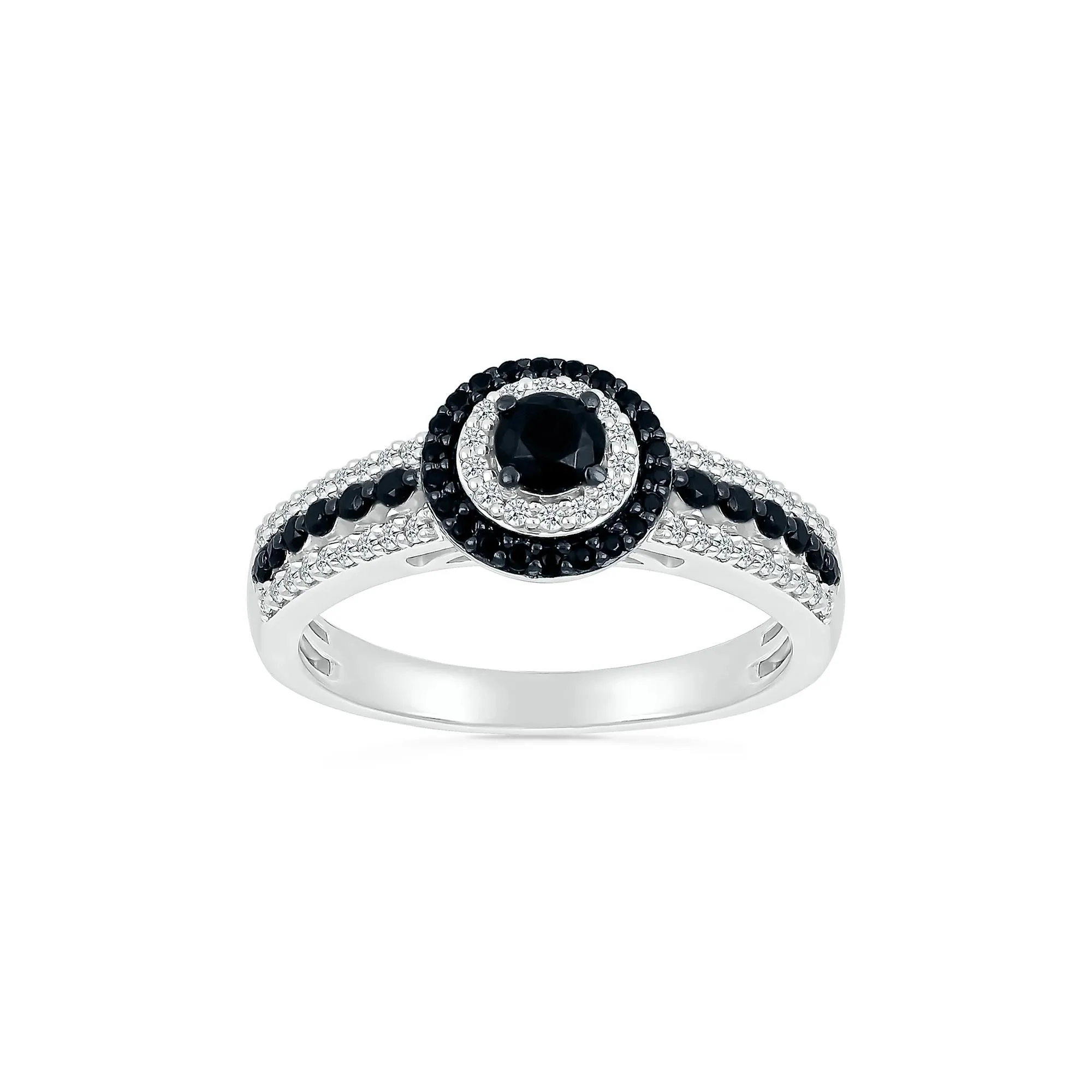 3/4 CT. Tw. Black and White Diamond Double Halo Ring 10K White Gold Size 5.5