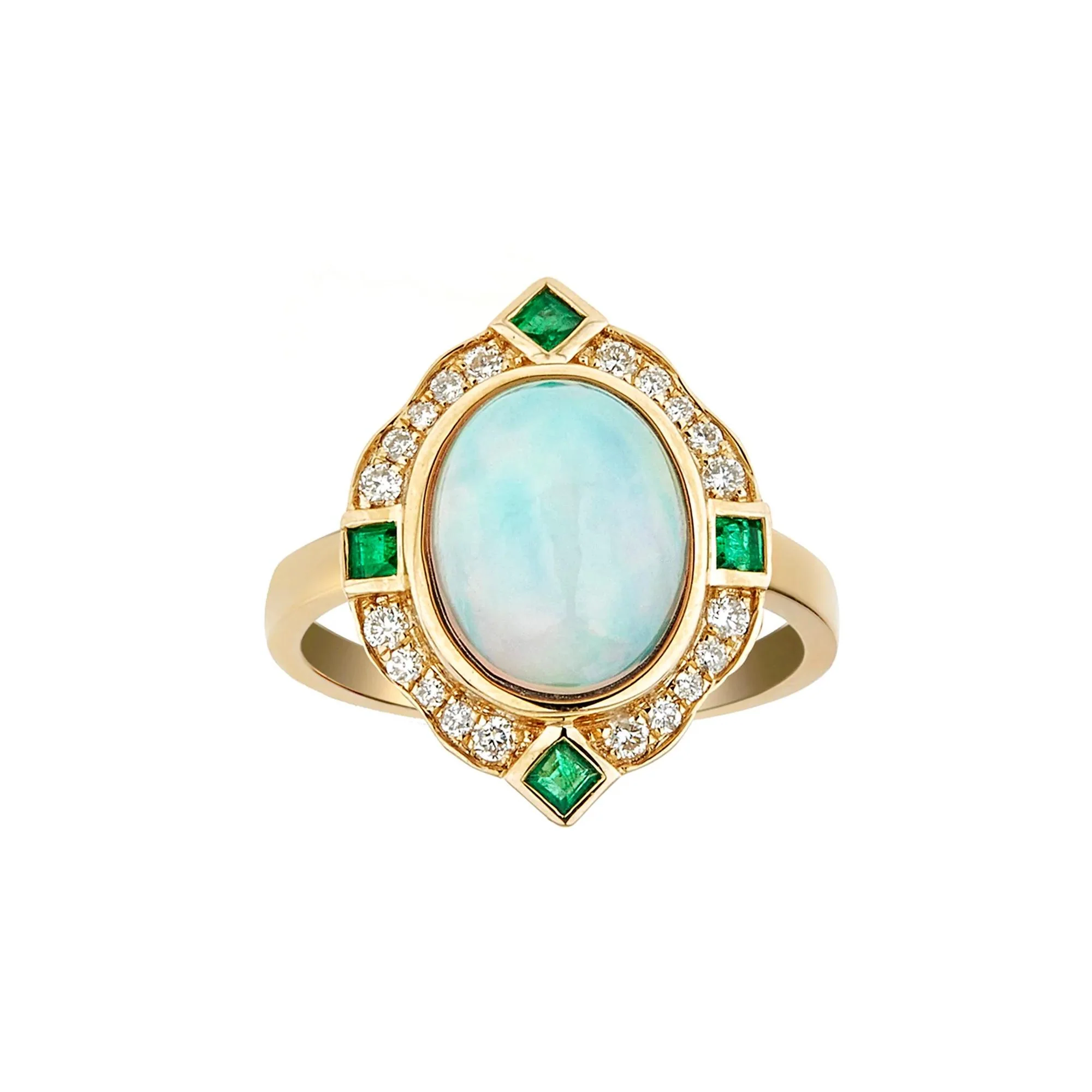 1/5 CT. Tw. Opal Emerald & Diamond Ring 10K Yellow Gold Round Brilliant Cut Size 6