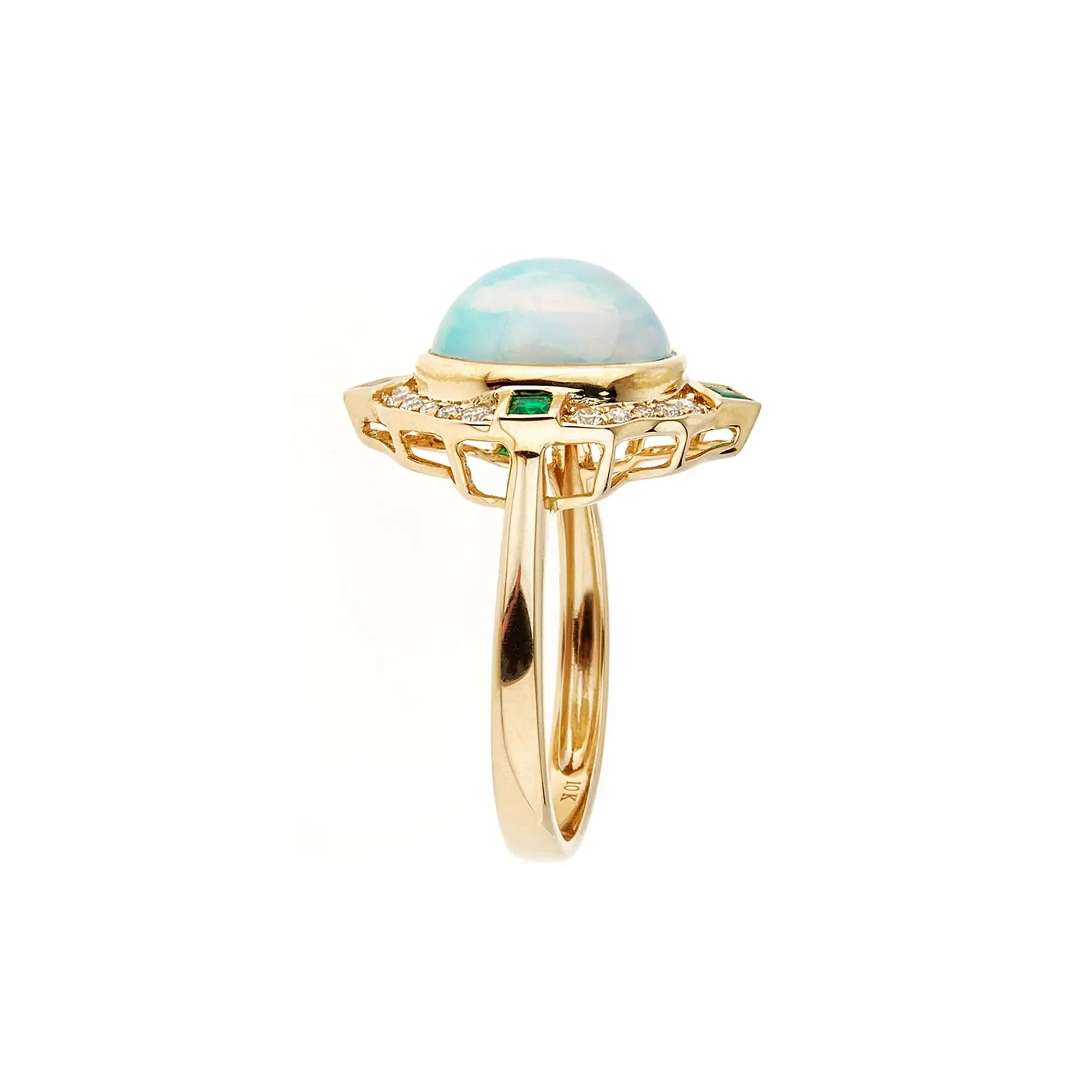 1/5 CT. Tw. Opal Emerald & Diamond Ring 10K Yellow Gold Round Brilliant Cut Size 6 - Image 3