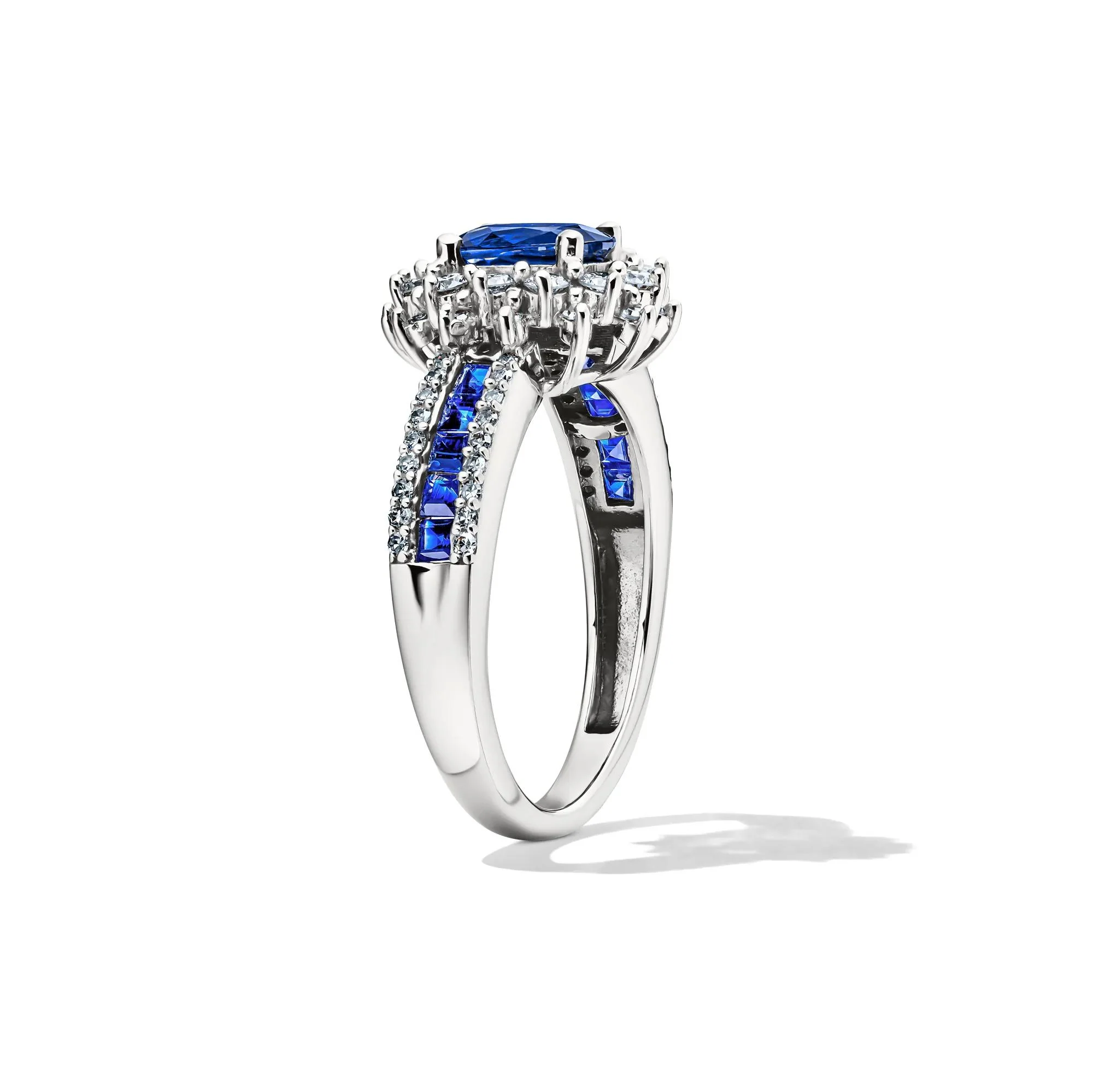 1/2 CT. Tw. Blue Sapphire & Diamond Halo Ring 14K White Gold Size 6 - Image 3