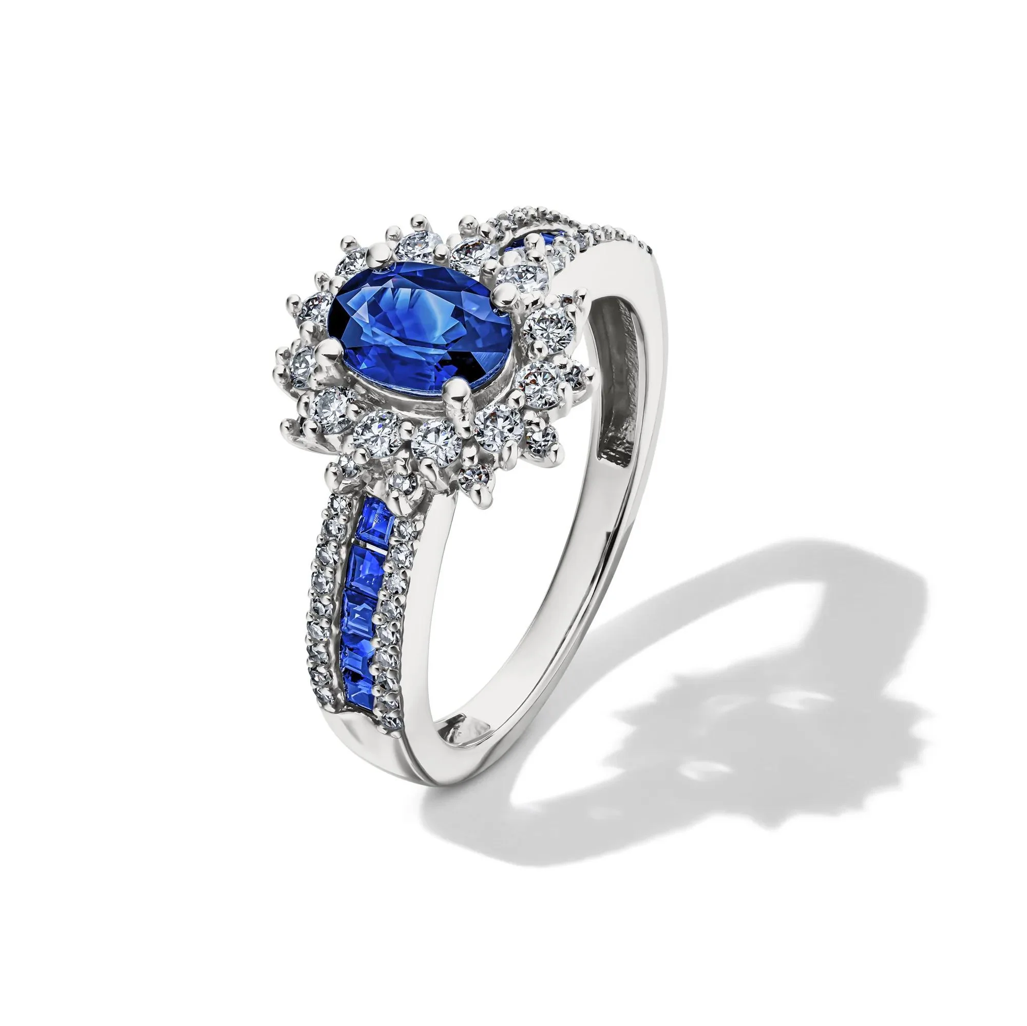 1/2 CT. Tw. Blue Sapphire & Diamond Halo Ring 14K White Gold Size 6 - Image 4