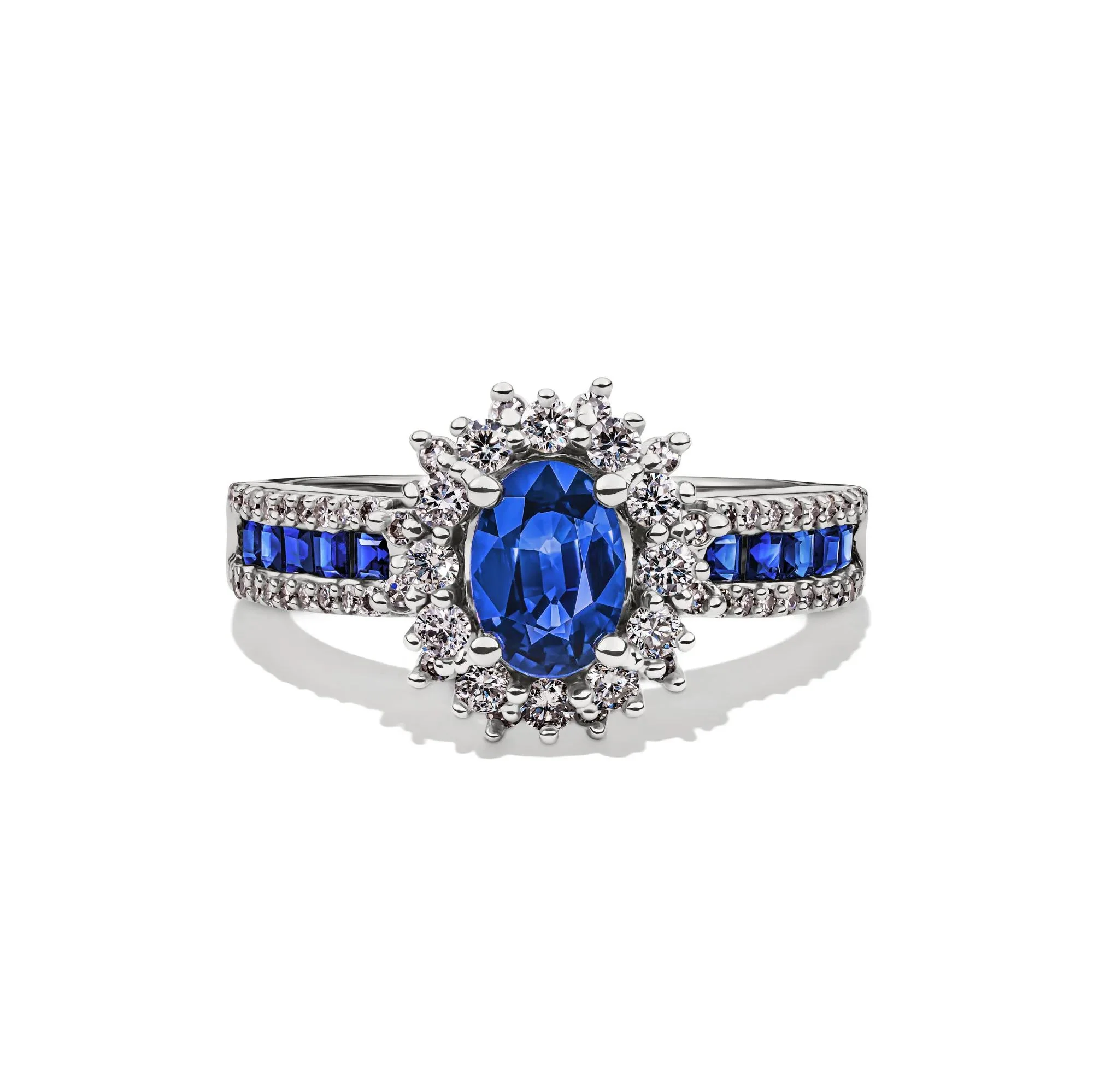 1/2 CT. Tw. Blue Sapphire & Diamond Halo Ring 14K White Gold Size 7