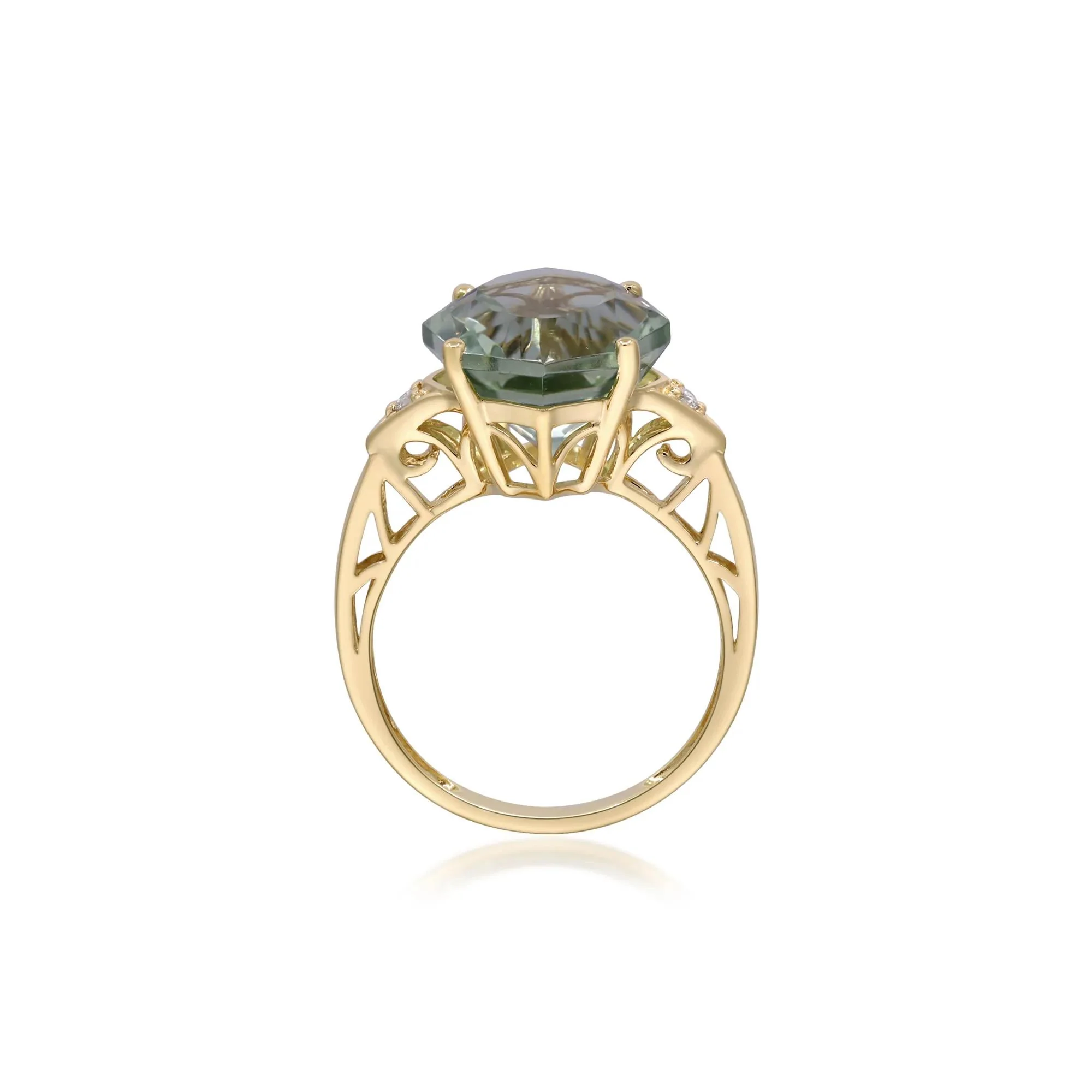 Green Amethyst and Diamond Accent Ring 10K Yellow Gold Round Brilliant Cut Size 8 2mm - Image 2