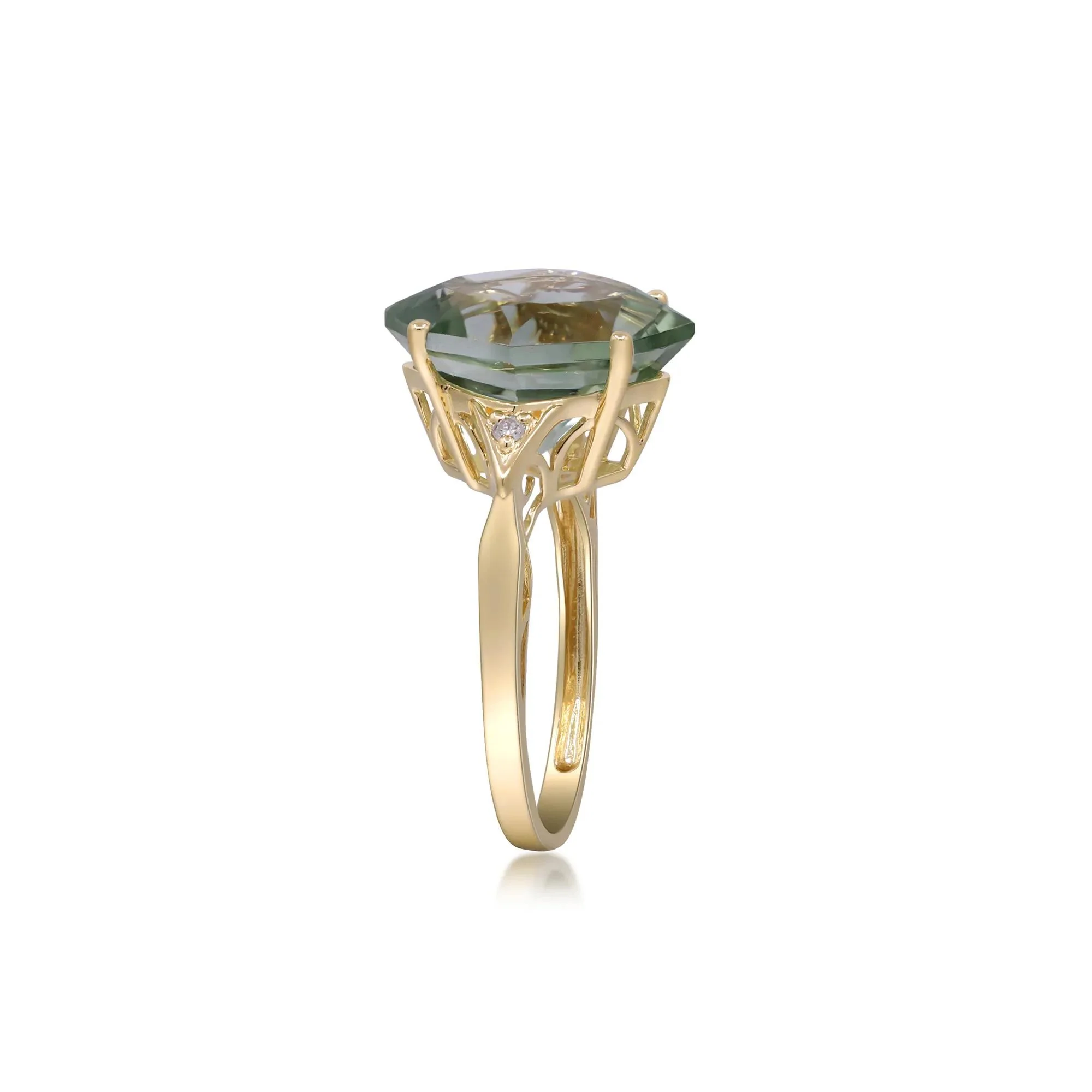 Green Amethyst and Diamond Accent Ring 10K Yellow Gold Round Brilliant Cut Size 8 2mm - Image 3