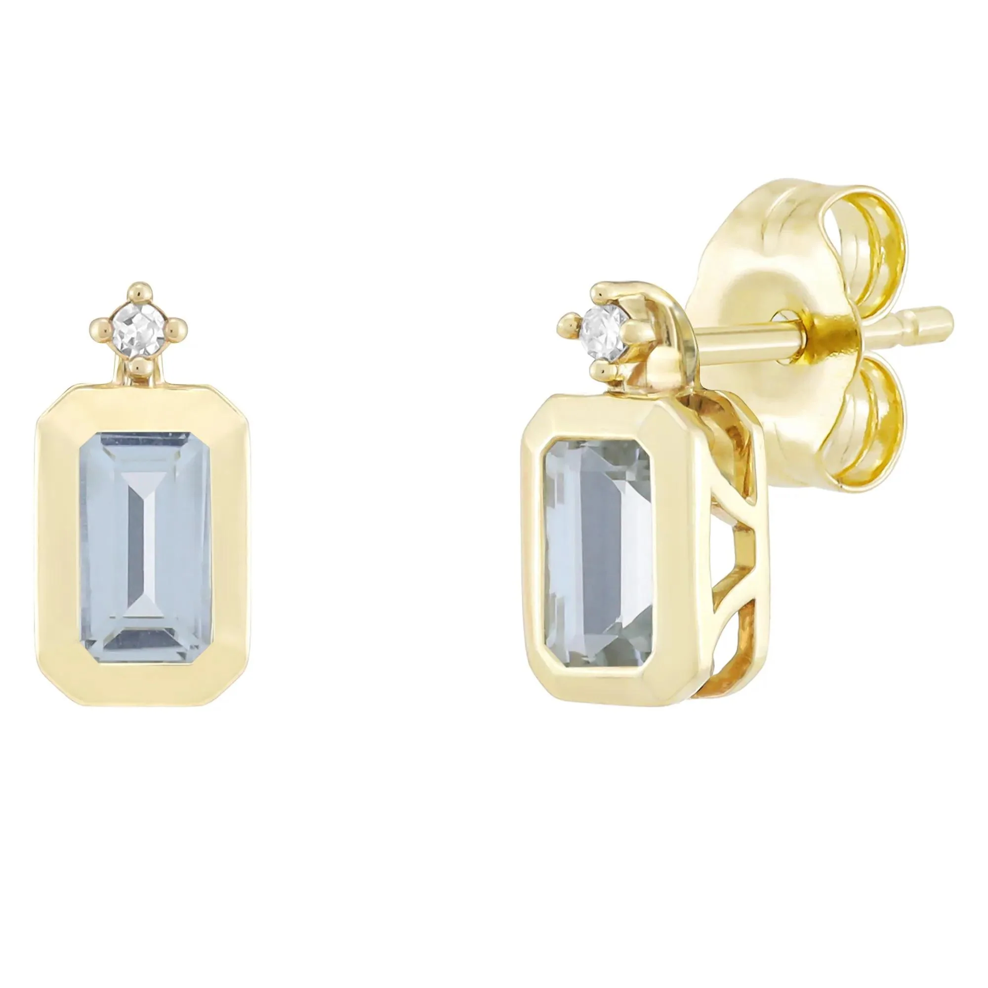 Emerald-Cut Aquamarine and Diamond Accent Bezel Earrings 10K Yellow Gold Size 8.50mm
