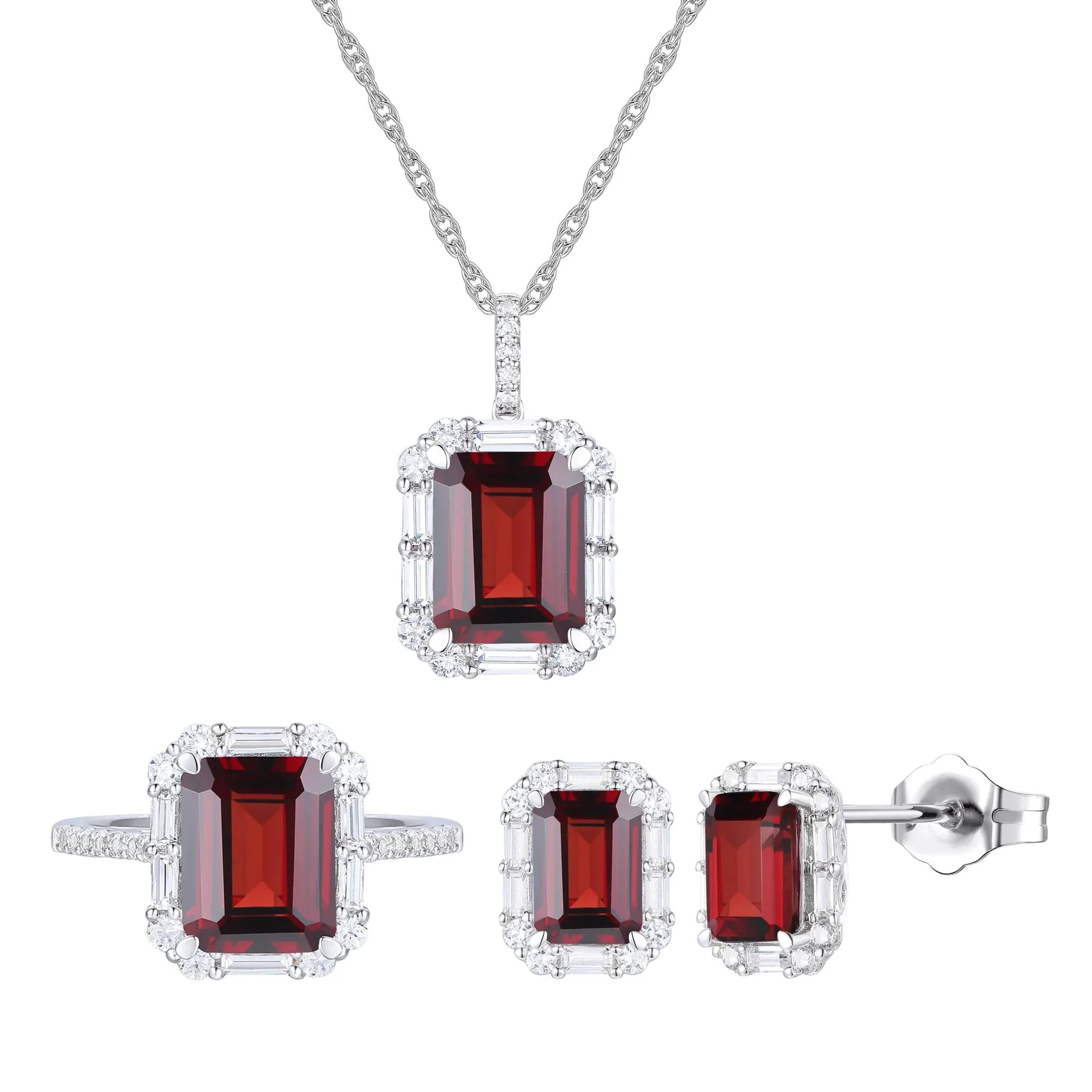 Garnet & Lab-Created White Sapphire Ring Earring & Pendant Set .925 Sterling Silver Size 6.5 1mm