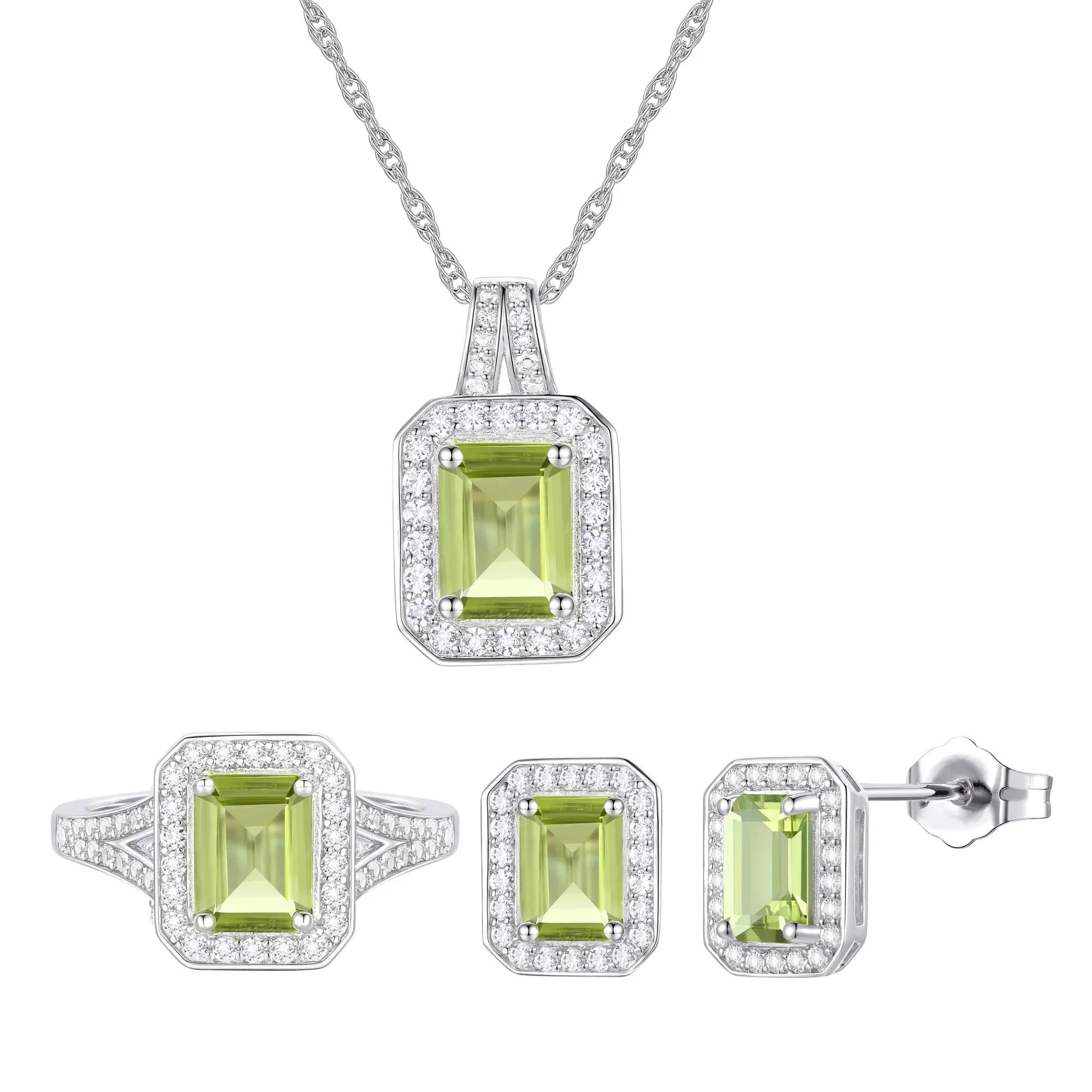 Peridot & Lab-Created White Sapphire Ring Earring & Pendant Set .925 Sterling Silver Size 6.5 1mm