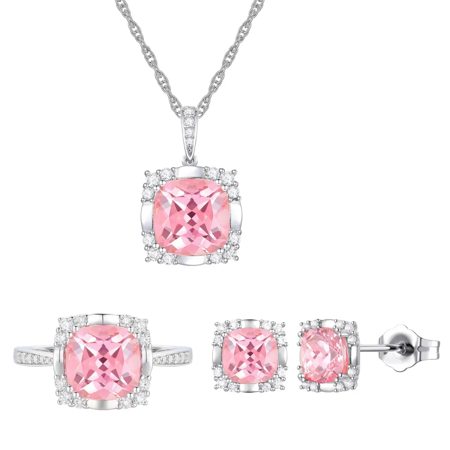 Lab-Created Pink & Lab-Created White Sapphire Ring Earring and Pendant Set .925 Sterling Silver Size 7.5 1mm