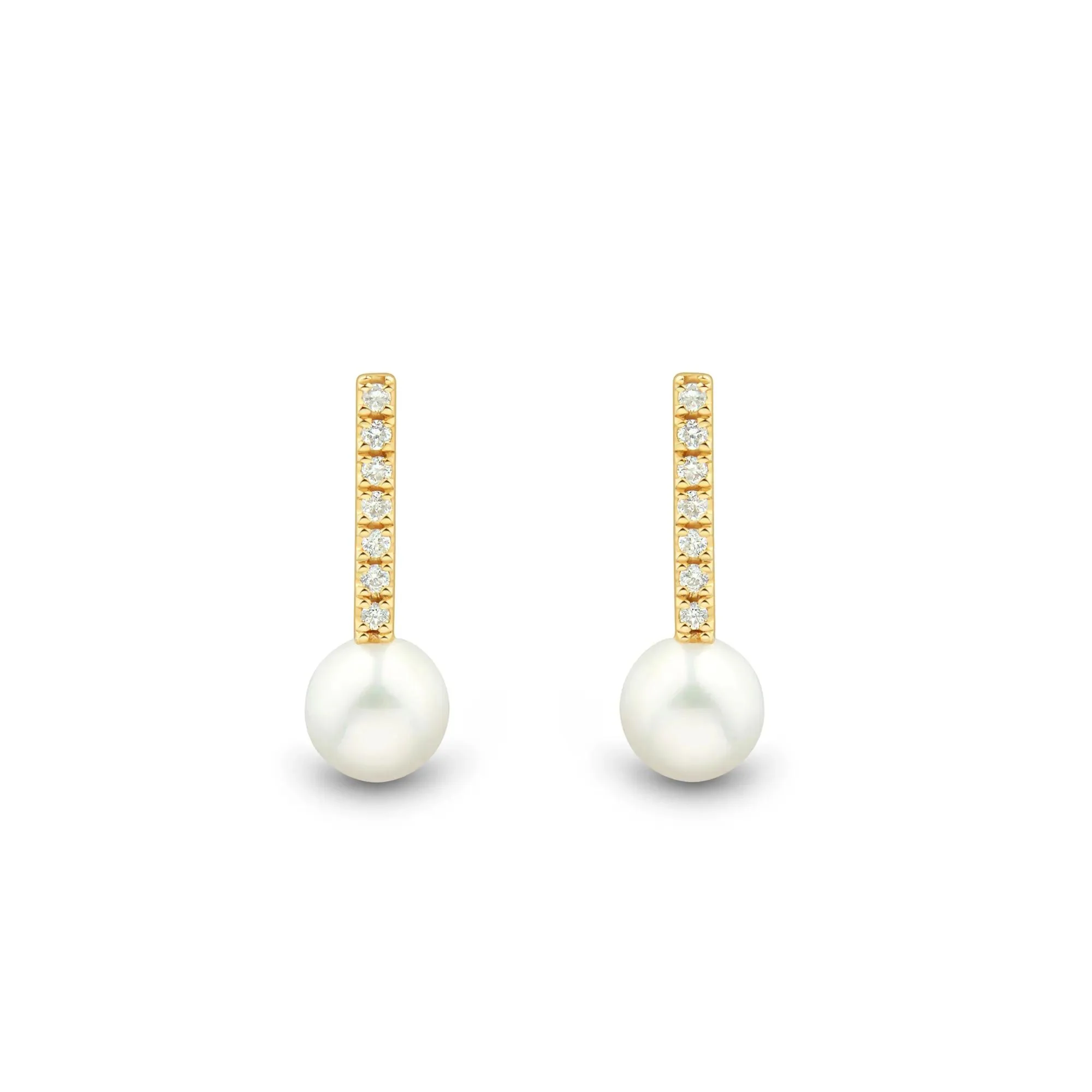 1/10 CT. Tw. Freshwater Cultured Pearl and Diamond Drop Earrings 10K Yellow Gold Size 5.50mm - Image 2