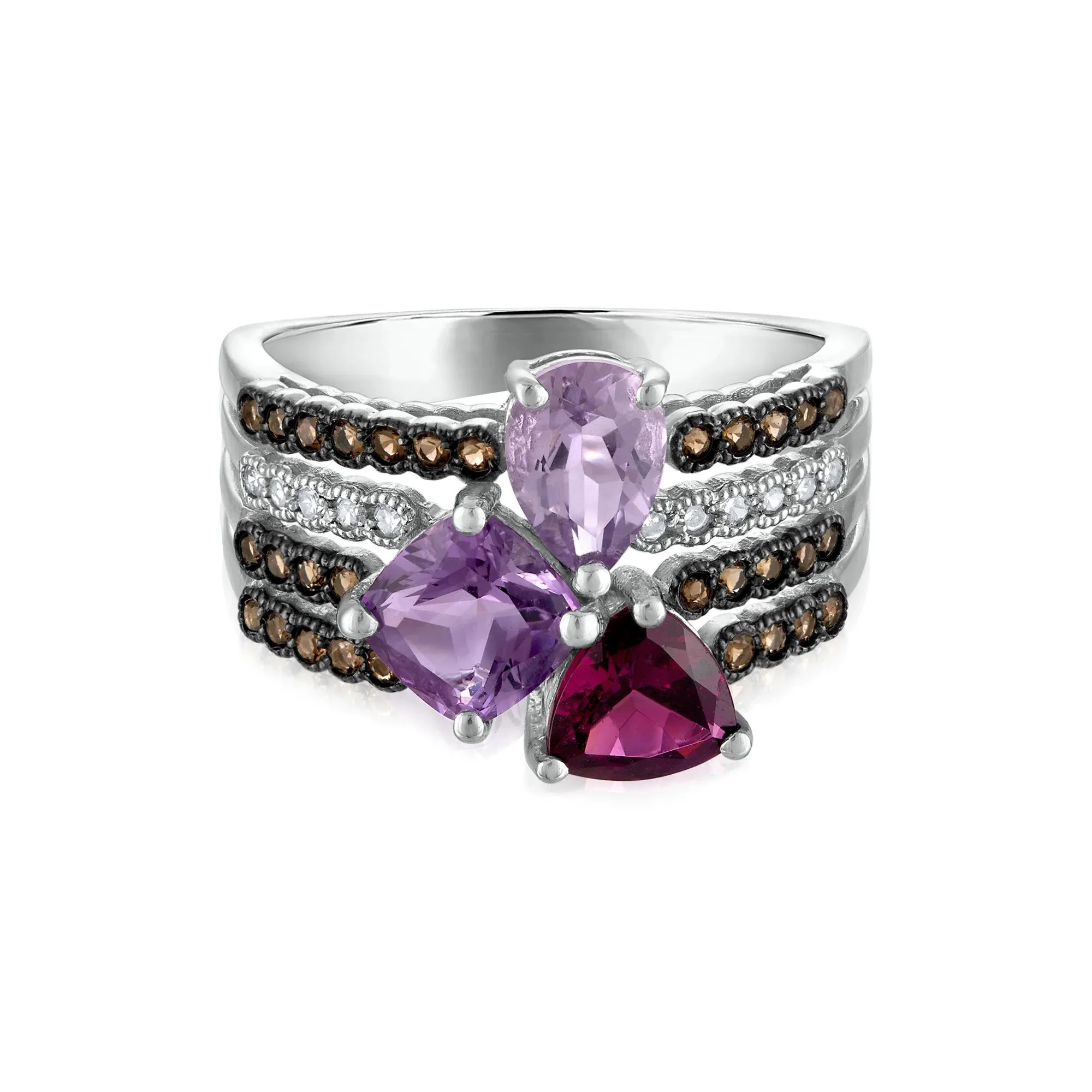 Amethyst Garnet Smoky Quartz and Diamond Multi-Row Ring 10K White Gold Size 6.5 3mm