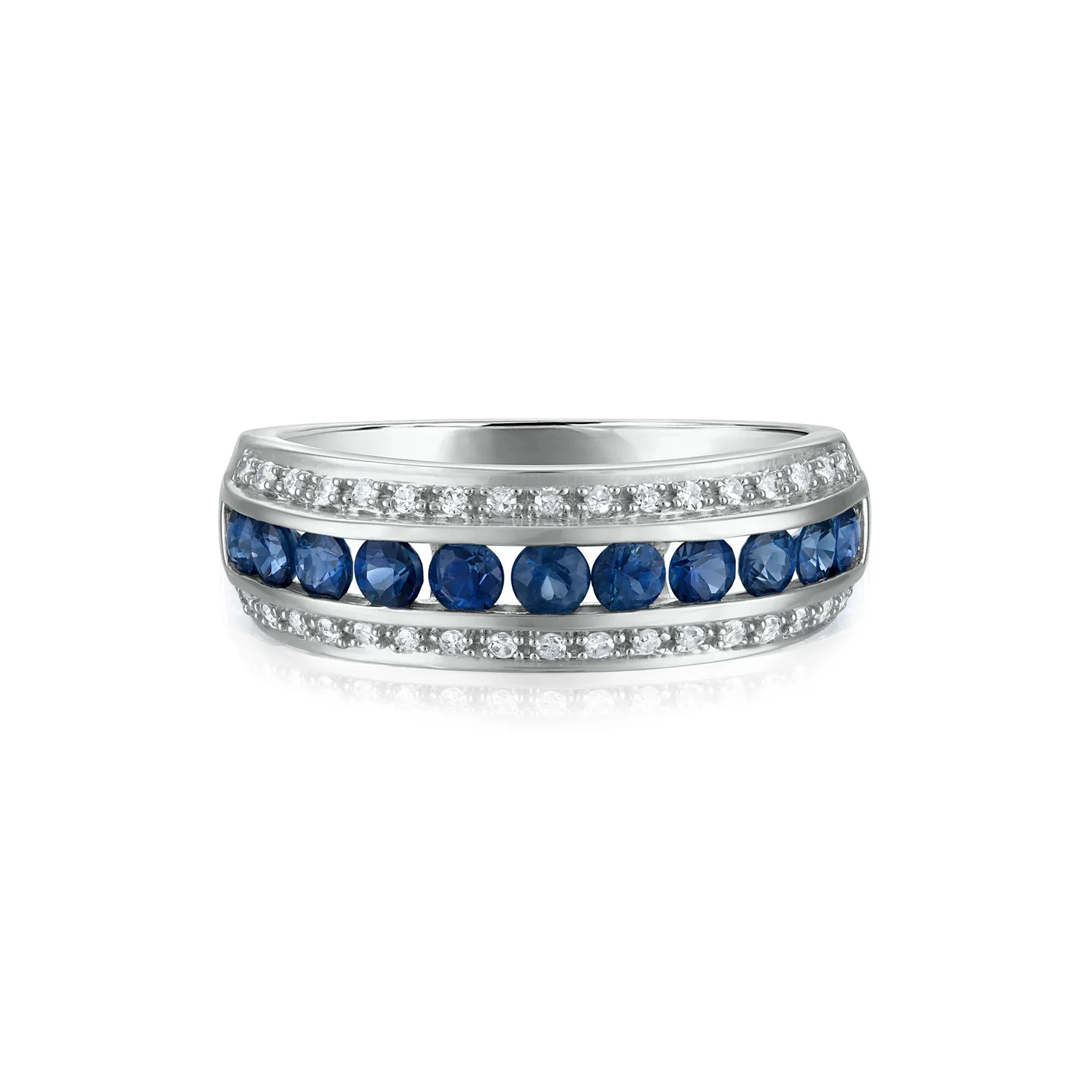 1/7 CT. Tw. Blue Sapphire and Diamond Band Ring 10K White Gold Round Brilliant Cut Size 6.5 3.5mm