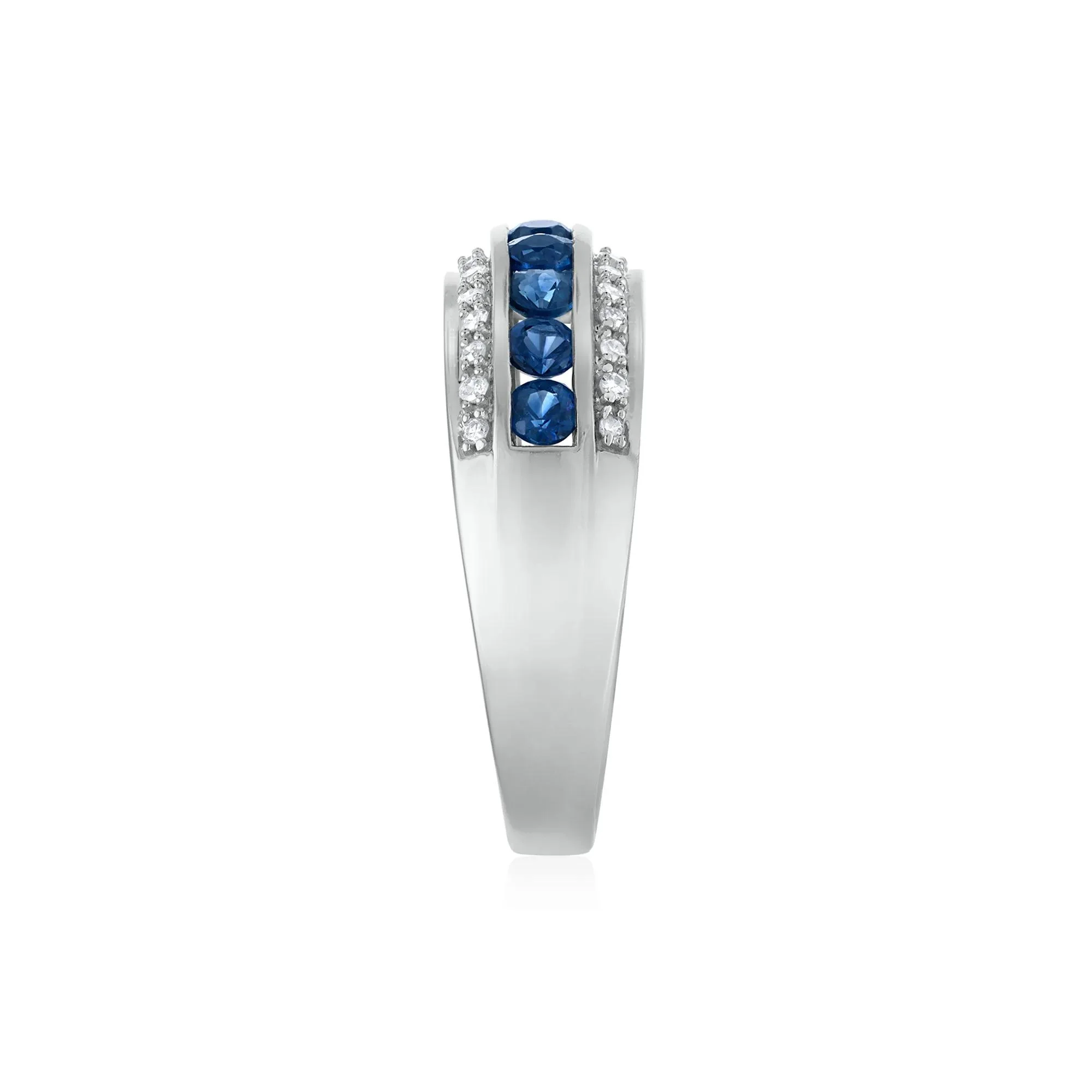1/7 CT. Tw. Blue Sapphire and Diamond Band Ring 10K White Gold Round Brilliant Cut Size 7 3.5mm - Image 3