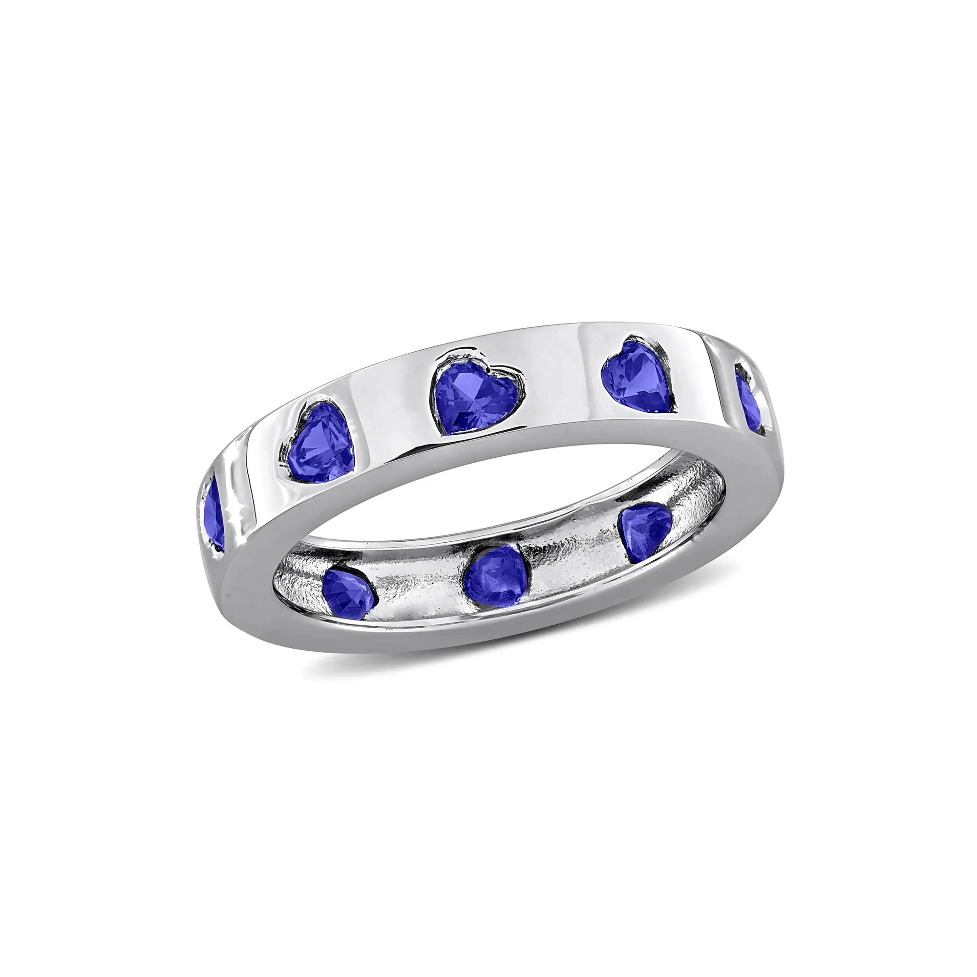 Heart-Shaped Lab-Created Blue Sapphire Eternity Band Ring .925 Sterling Silver White Size 9 4mm - Image 4