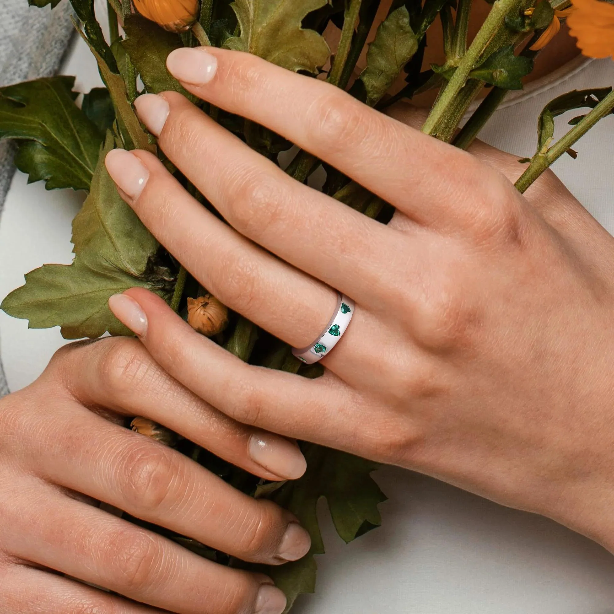 Heart-Shaped Lab-Created Emerald Eternity Band Ring .925 Sterling Silver White Size 7 4mm - Image 5