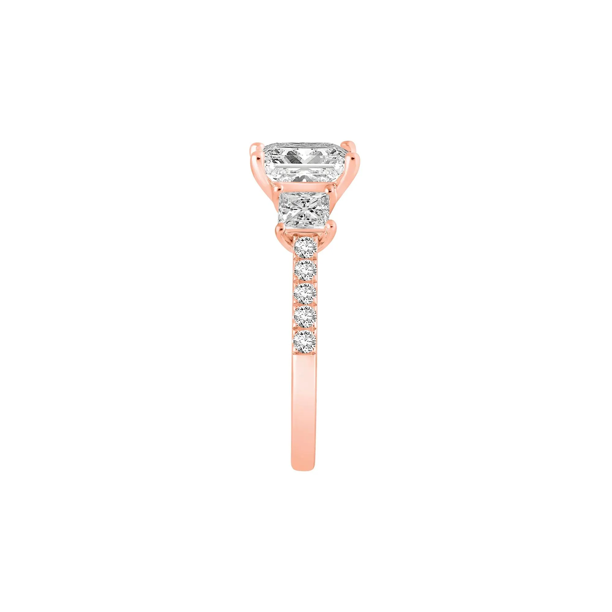 3 CT. Tw. Lab Grown Diamond Princess-Cut Three-Stone Engagement Ring 14K Rose Gold Round Brilliant Cut Size 8.5 - Image 3