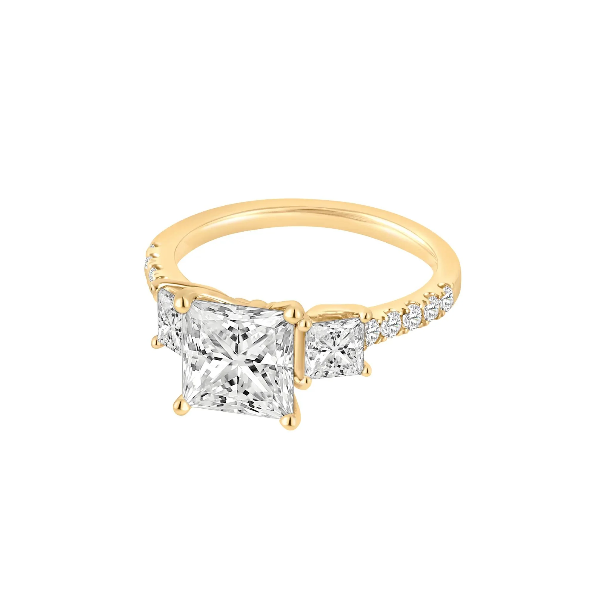 3 CT. Tw. Lab Grown Diamond Princess-Cut Three-Stone Engagement Ring 14K Yellow Gold Round Brilliant Cut Size 6 - Image 4