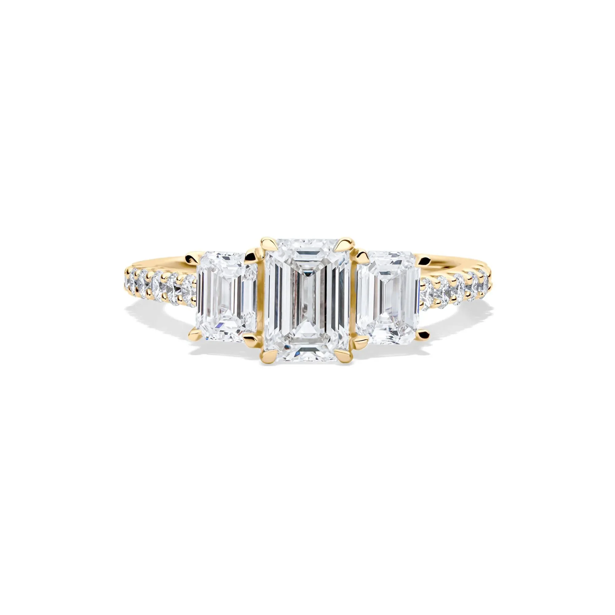 2 CT. Tw. Lab Grown Diamond Emerald-Cut Three Stone Ring 14K Yellow Gold Round Brilliant Cut Size 8.5