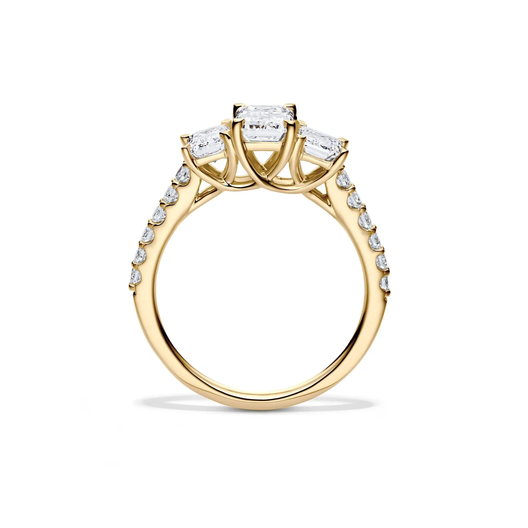 2 CT. Tw. Lab Grown Diamond Emerald-Cut Three Stone Ring 14K Yellow Gold Round Brilliant Cut Size 9 - Image 2