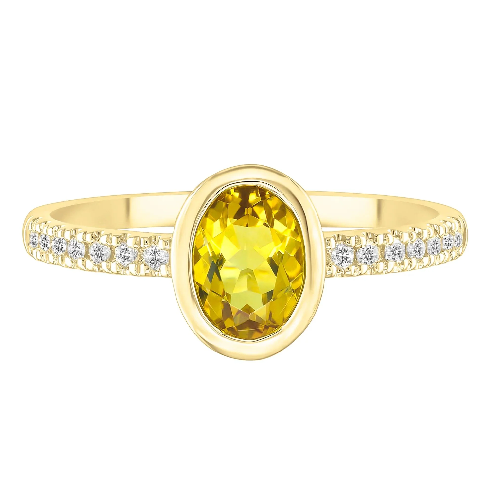 Bezel-Set Citrine Ring with Diamond Accent 10K Yellow Gold Round Brilliant Cut Size 7.5 1mm
