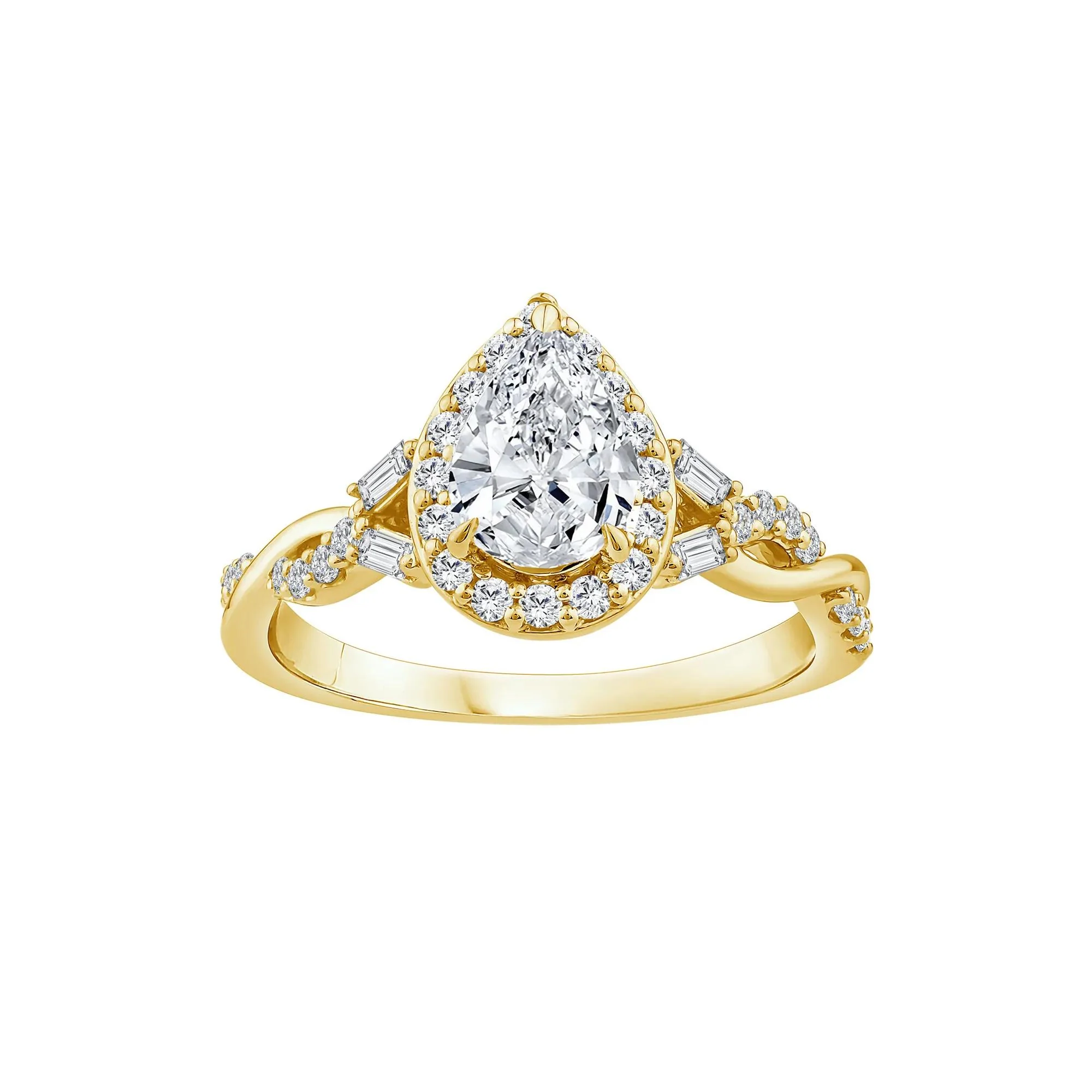 1 CT. Tw. Lab Grown Diamond Pear-Shaped Halo Engagement Ring 10K Yellow Gold Round Brilliant Cut Size 8