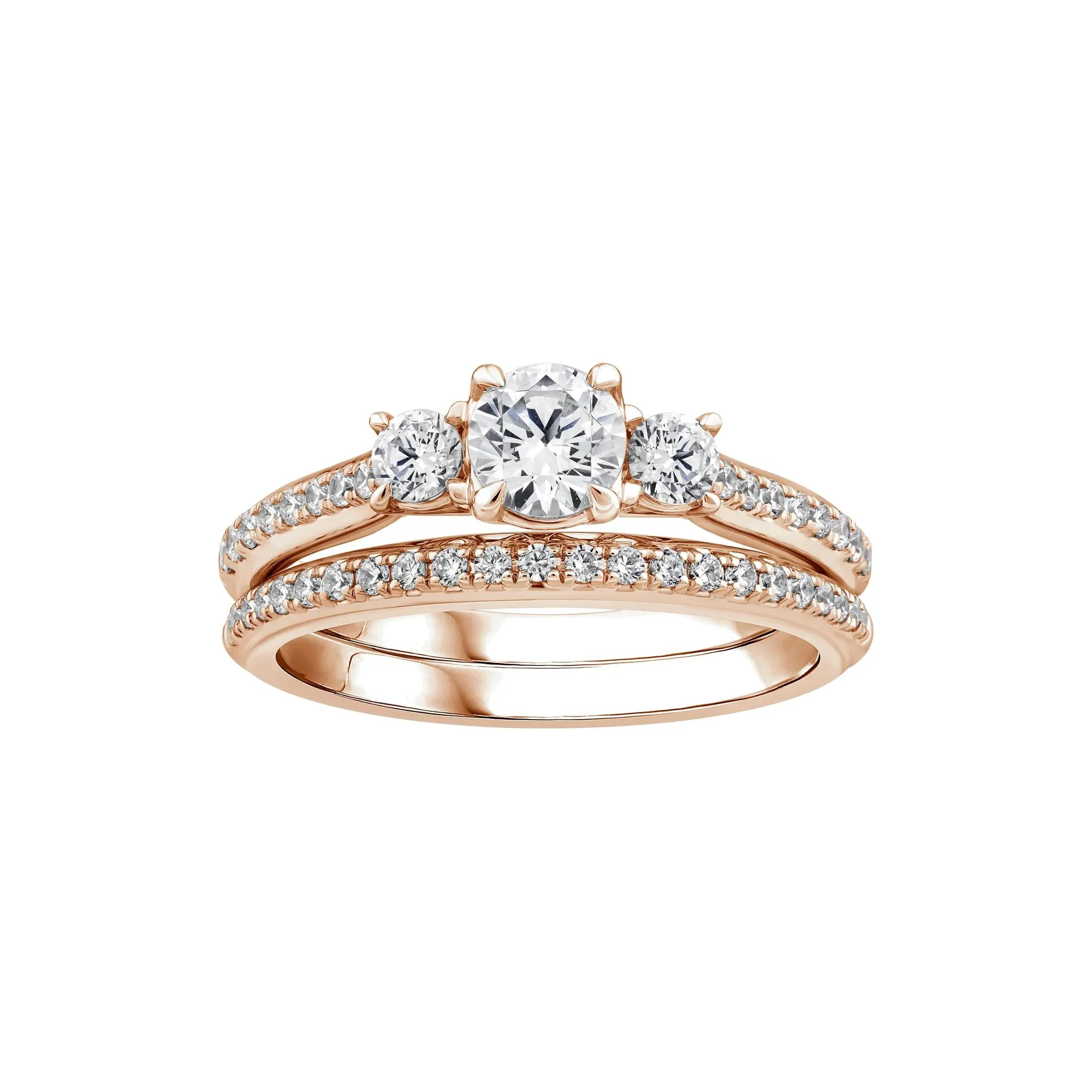 1 CT. Tw. Lab Grown Diamond Three-Stone Engagement Set 10K Rose Gold Ring Round Brilliant Cut Size 6 1mm