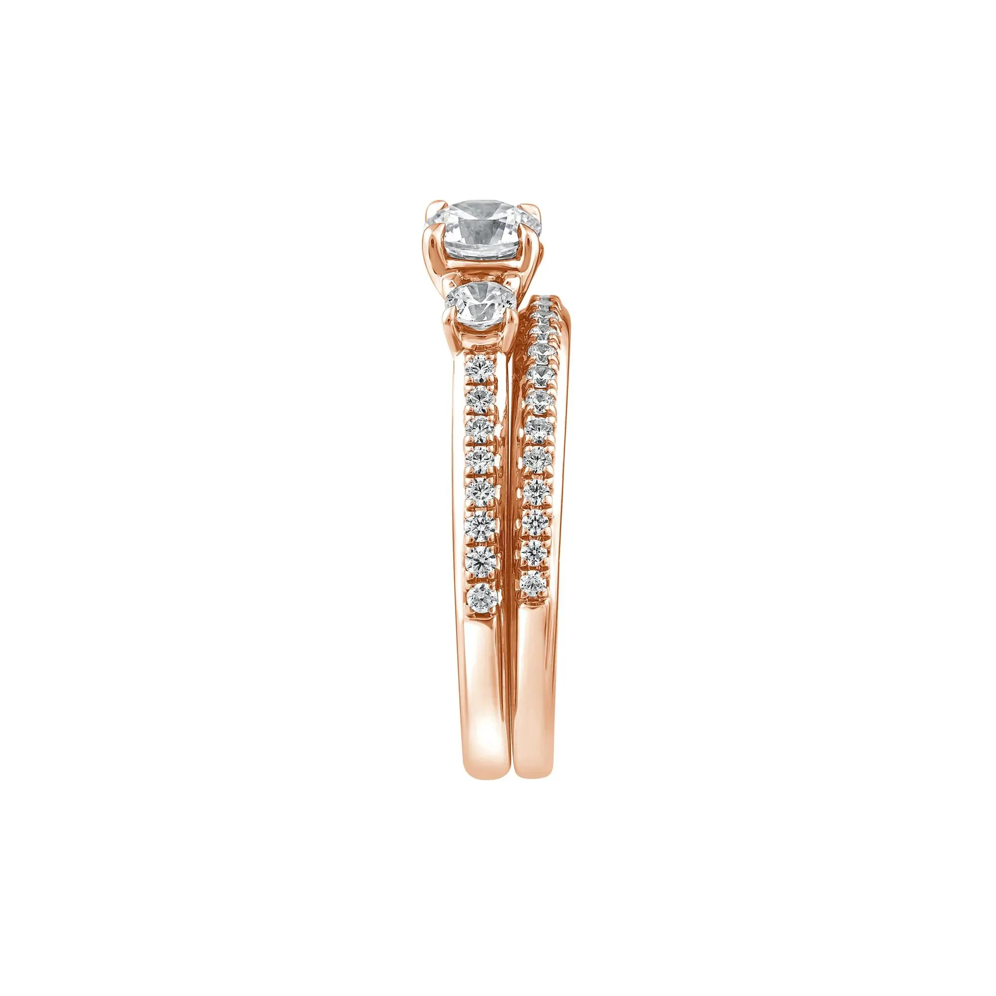 1 CT. Tw. Lab Grown Diamond Three-Stone Engagement Set 10K Rose Gold Ring Round Brilliant Cut Size 6 1mm - Image 3