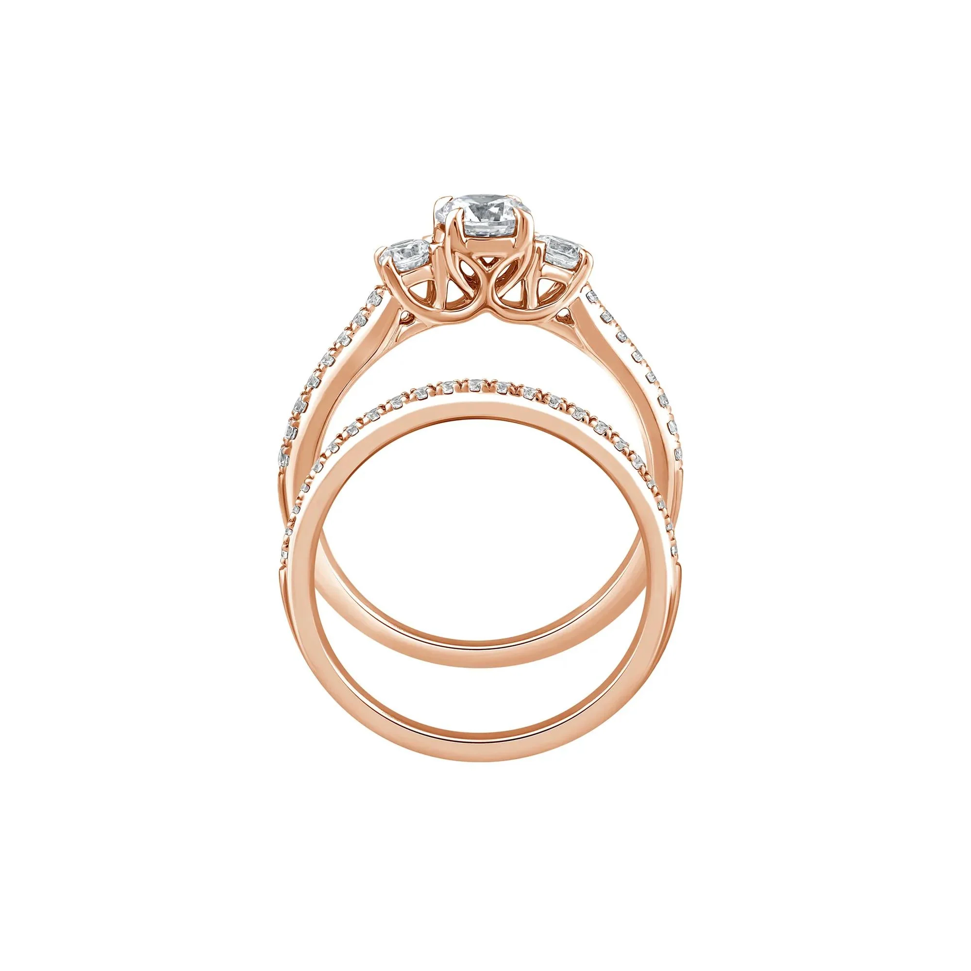1 CT. Tw. Lab Grown Diamond Three-Stone Engagement Set 10K Rose Gold Ring Round Brilliant Cut Size 9 1mm - Image 2