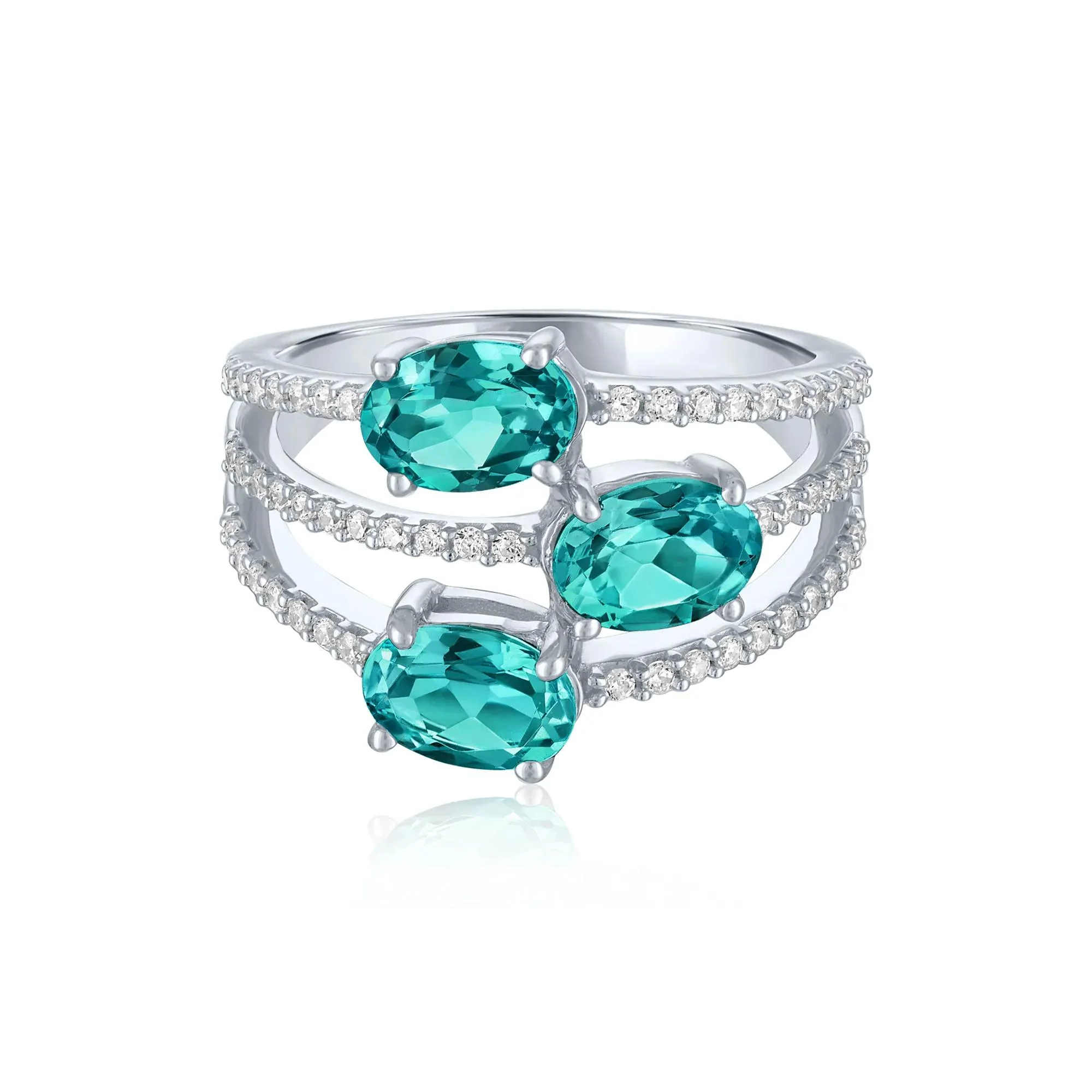 1/4 CT. Tw. Teal Apatite and Diamond Multi-Row Ring .925 Sterling Silver White Size 6 1mm - Image 3